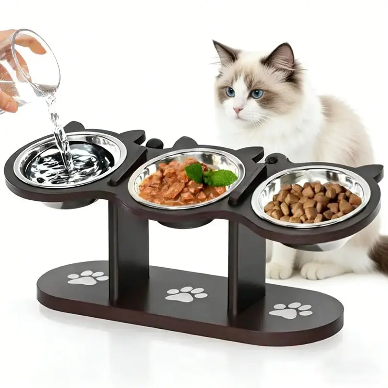 Elevated Bamboo Multi-Cat Feeder with 3 Stands, 3.7"-4.9" Adjustable Heights Portable Food & Water Bowl Set, Elevated Feeding Bowl, Bowl/Dish
