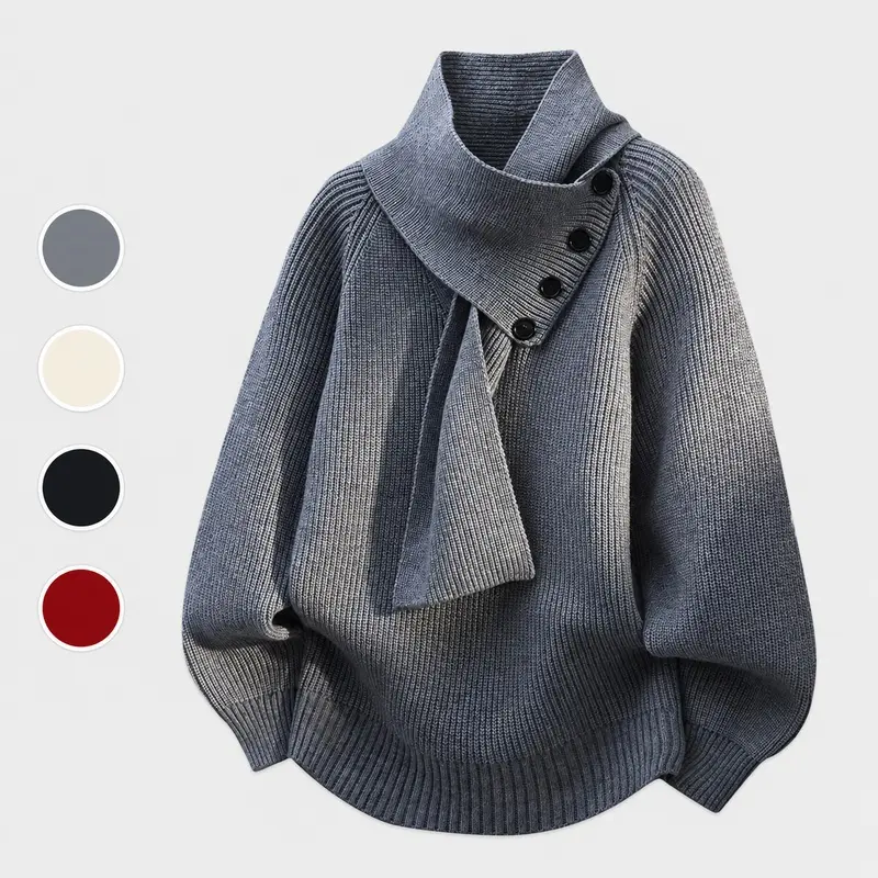 Loose Fit Men Knit Pullover Sweater, Convertible Turtleneck Scarf‑Collar Thick Warm Casual Winter Base Shirt