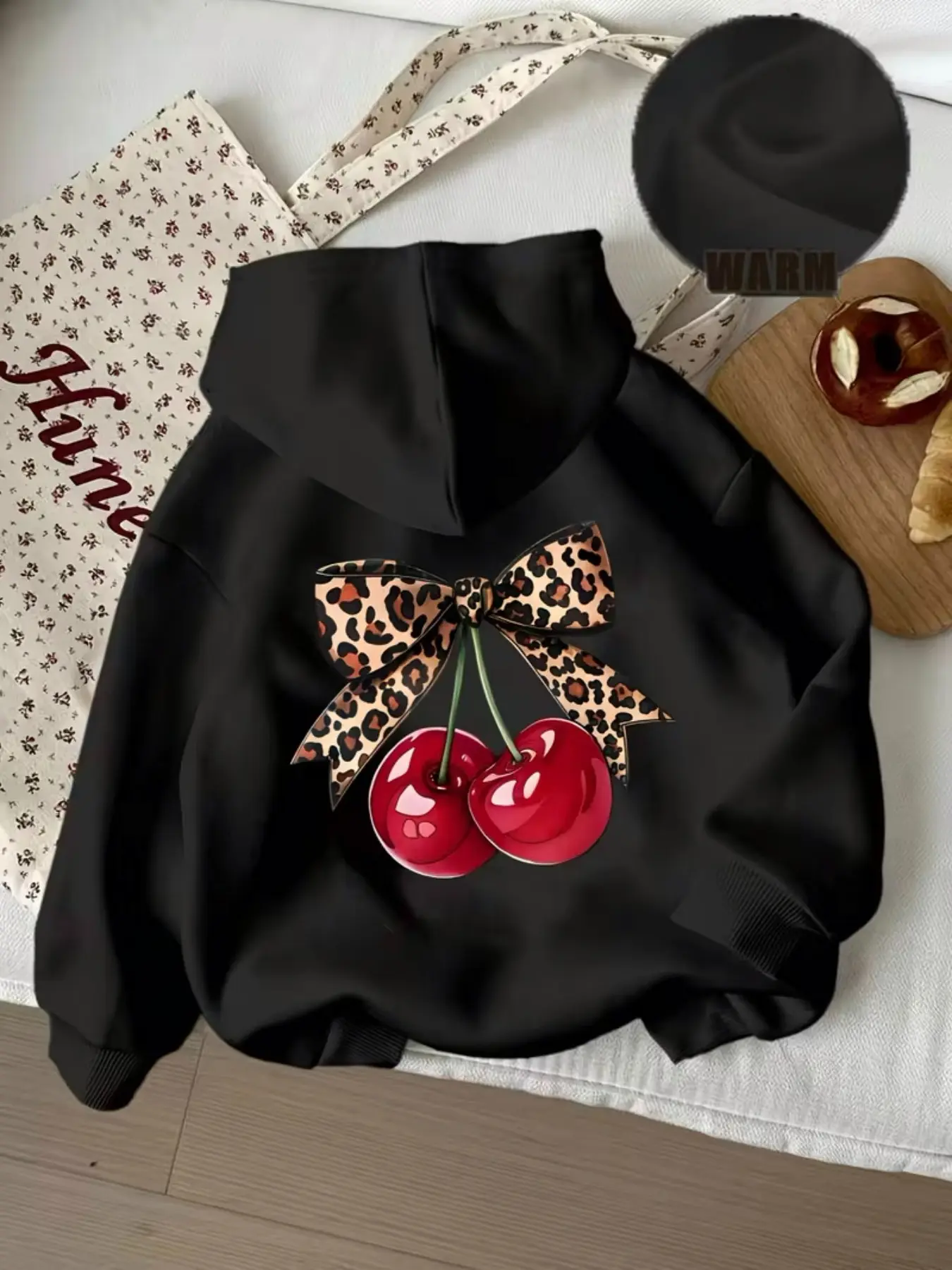 Women's Dropped Shoulder Long Sleeve Adjustable Drawstring Hoodie with Leopard Bow Cherry Print, Casual Drawstring Pocket Sweatshirt for Fall & Winter