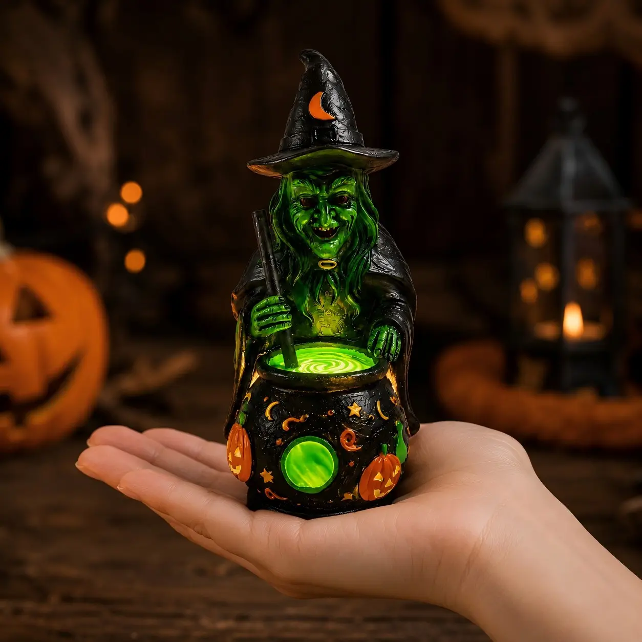 Halloween Witch Figurine Decoration, Glowing Cauldron Witch Statue, Horror Spooky Resin Desk Decor, Home, Bookshelf, Fireplace, Party, Haunted House Setup