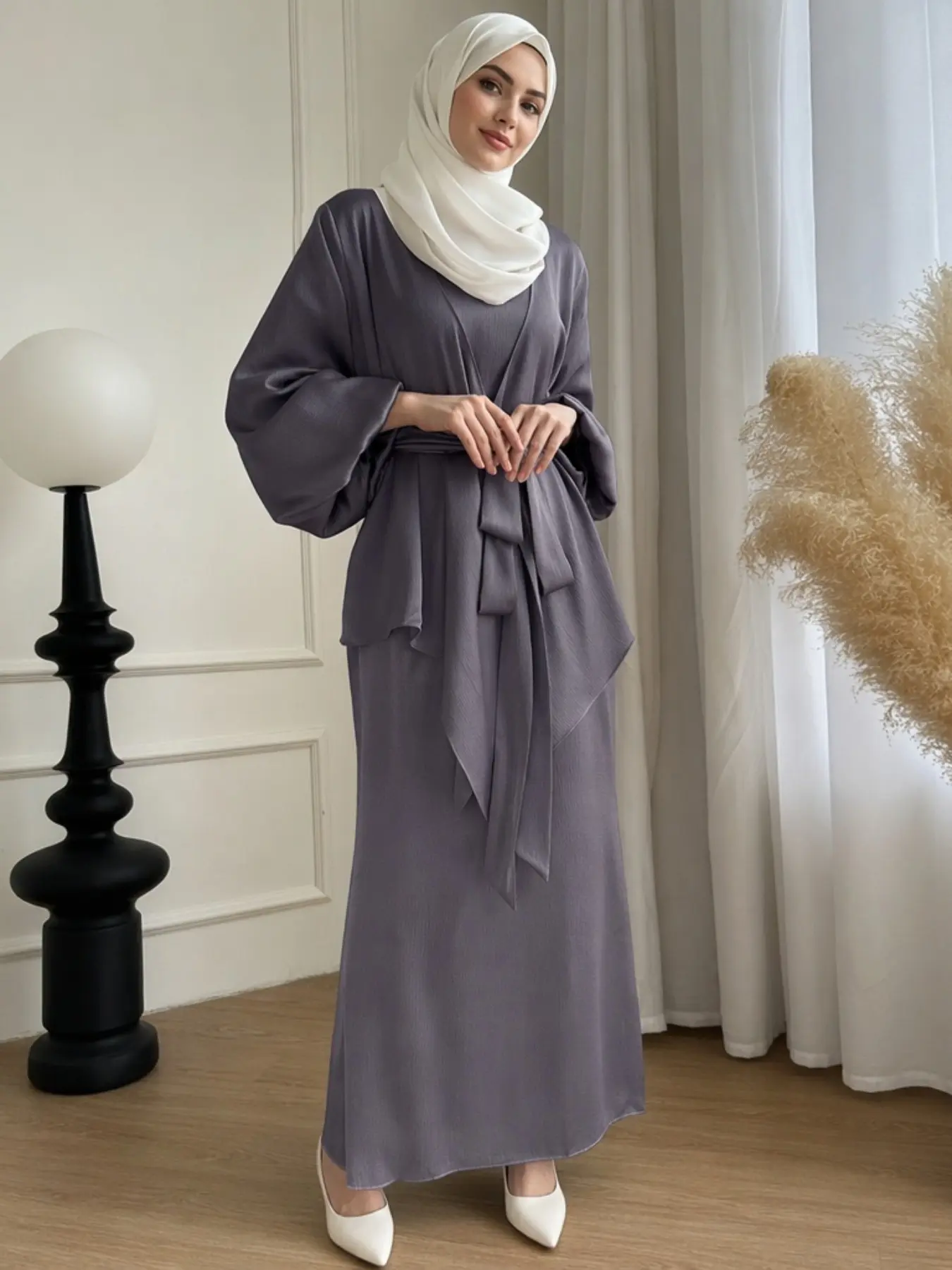 Two-Piece Set Women's Plain Lantern Sleeve Asymmetrical Hem Belted Abaya & Tank Dress Elegant Muslim Clothing Islamic Clothing Set, Modest Casual Two Piece Outfits for Daily Outdoor Wear, Ladies Clothes for All Seasons