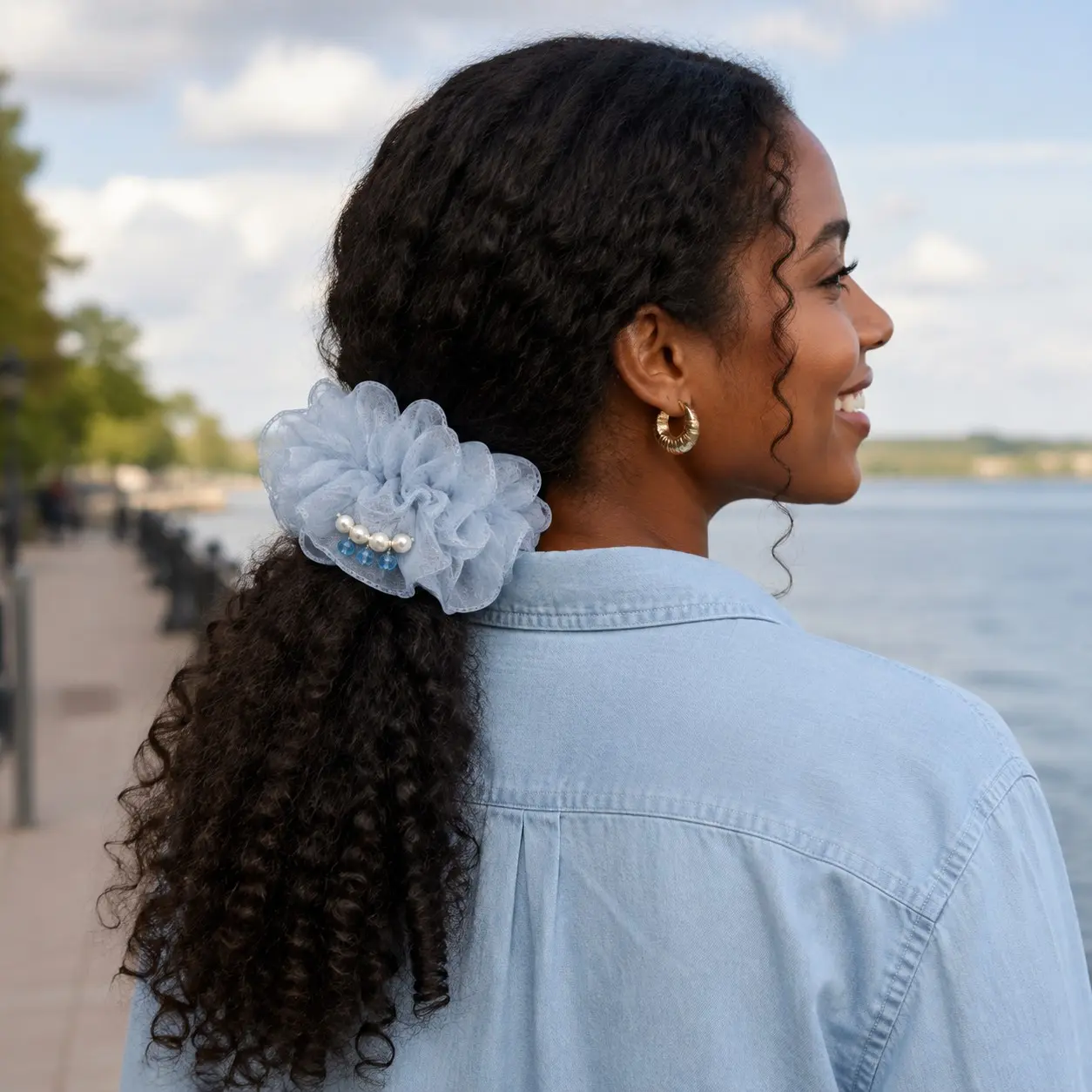 Light Blue Organza Scrunchie for Women & Girls, Sheer Oversized Hair Tie with Pearl & Bead Charm, Cute Ponytail Holder for Daily Hairstyles