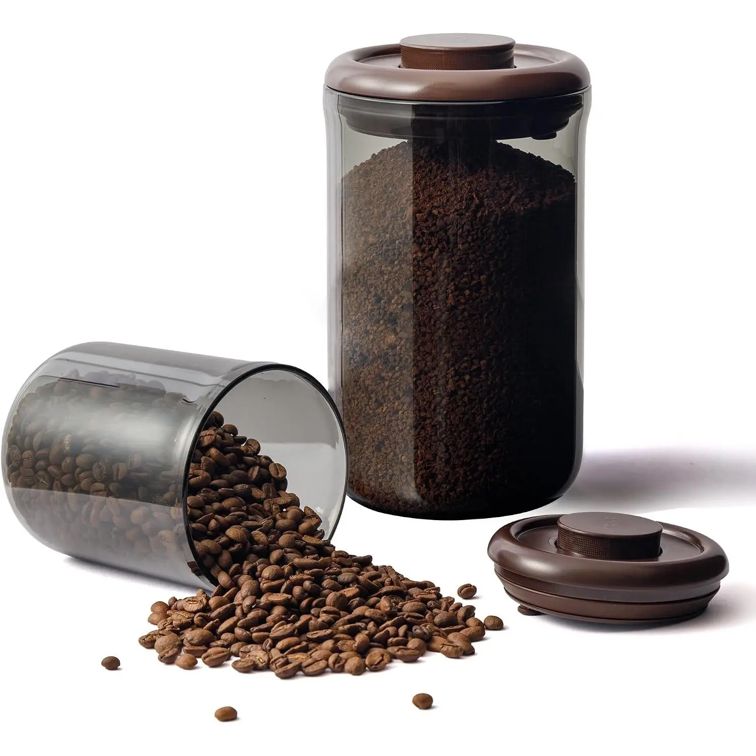 Amber Glass Coffee Canister 2-Pack with Pop Lid & 1-Way Valve - Airtight Container with UV Protection to Lock in Freshness - Storage for Coffee Beans, Ground Coffee & Dry Food, 15OZ