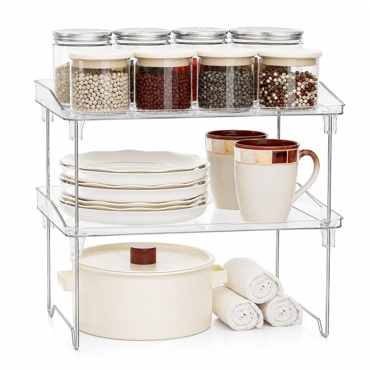 2 Pcs Cabinet Organizer Shelf, Stackable Kitchen Counter Shelves, Spice Rack,Countertop Organizers, Clear Plastic Storage Shelves Rack for Makeup,Bathroom,Cupboard,Desk,Pantry