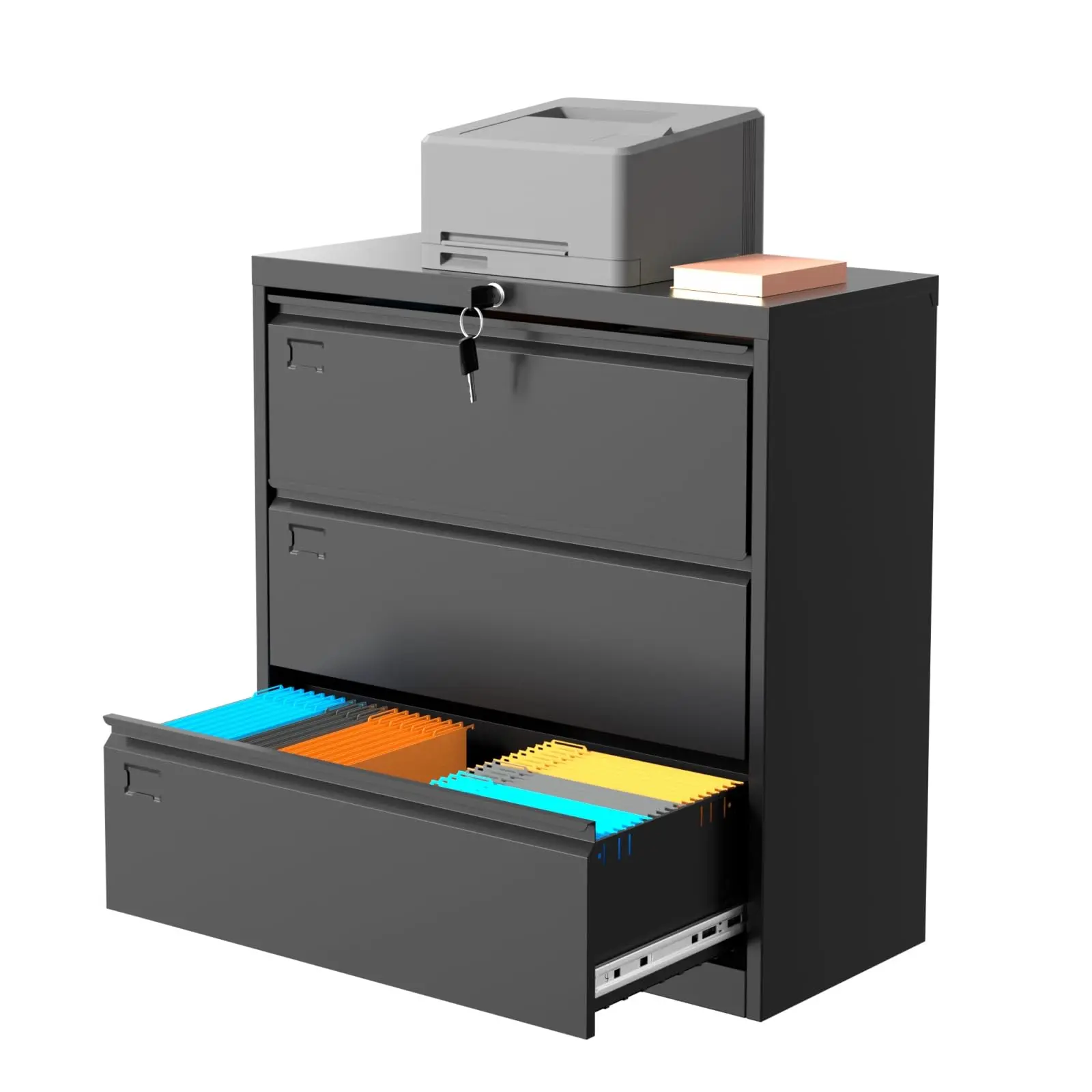 Lateral Filing Cabinet with Lock, 3 Smooth-Glide Drawers Supports Letter, Legal and A4 Paper, Metal File Organizer for Office & Home Use