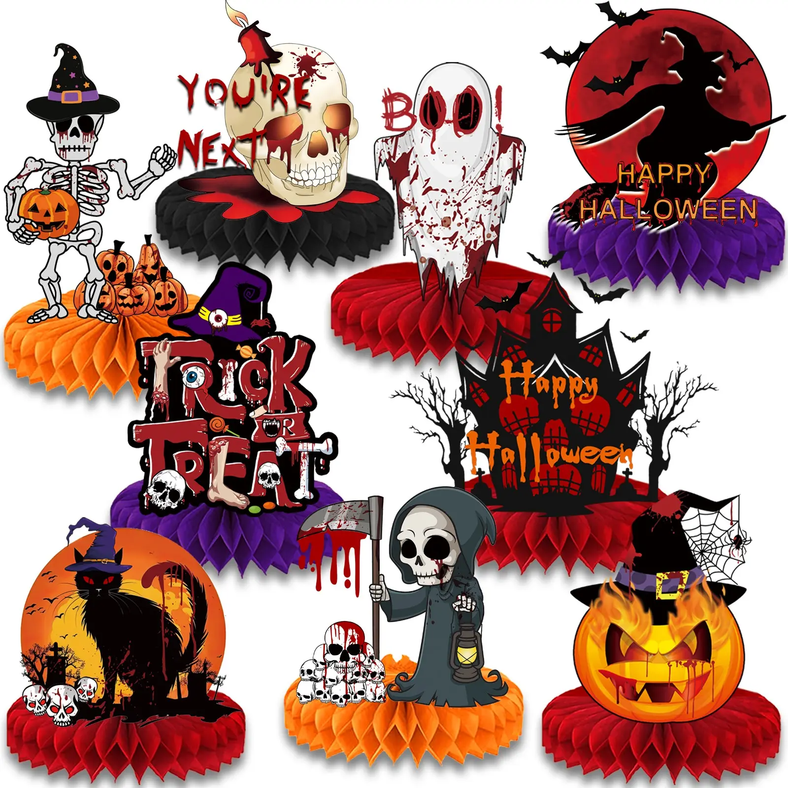 9Pcs Halloween Honeycomb Centerpieces, Spooky "Trick or Treat" "Happy Halloween" Table Decorations, Skeleton, Ghost, Witch, Pumpkin Themed Party Supplies for Halloween Party