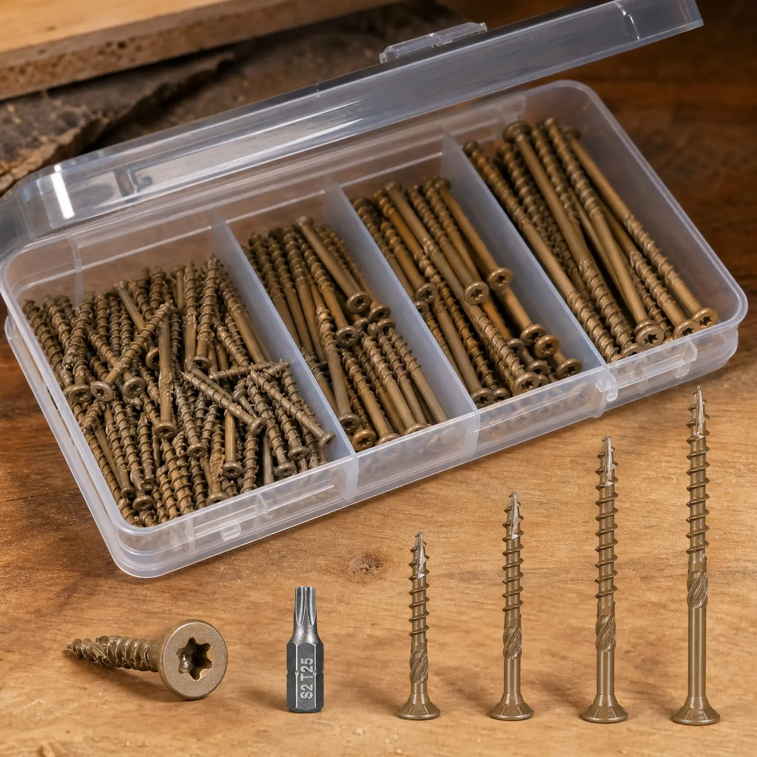 90Pcs Deck Screws, #8 #10 Wood Screws Assortment Kit, Heavy-Duty Exterior, Star Drive, Bronze (1-1/2", 2", 2-1/2", 3"), T25 Star BitGift