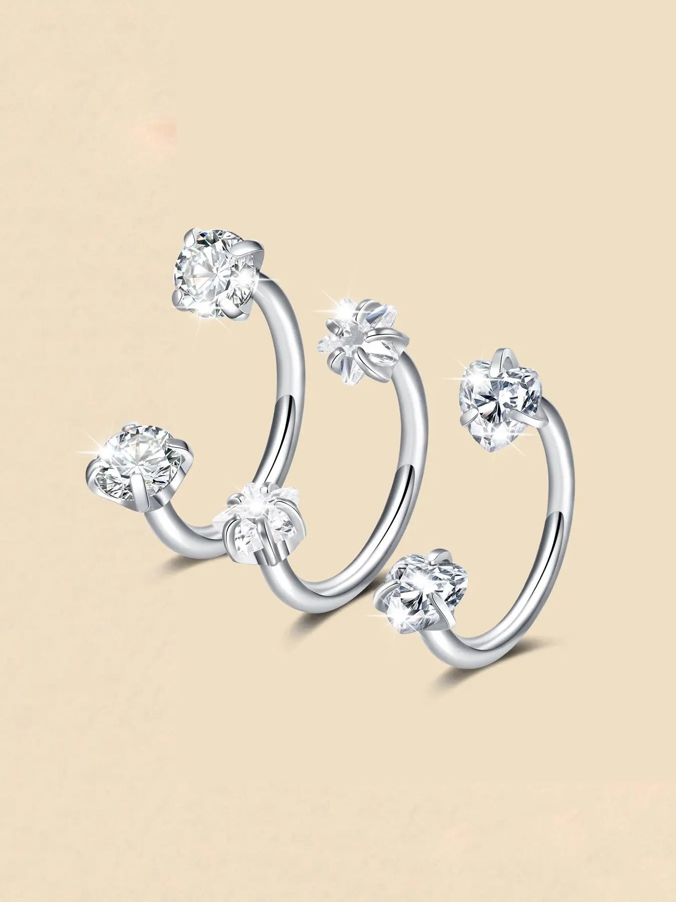 Unisex Stainless Steel Cz Nose Ring, Heart & Star Design, 18g U Shape Stud Earring, Fashionable Jewelry Gift for All Seasons, Nose Rings Set, Body Jewelry