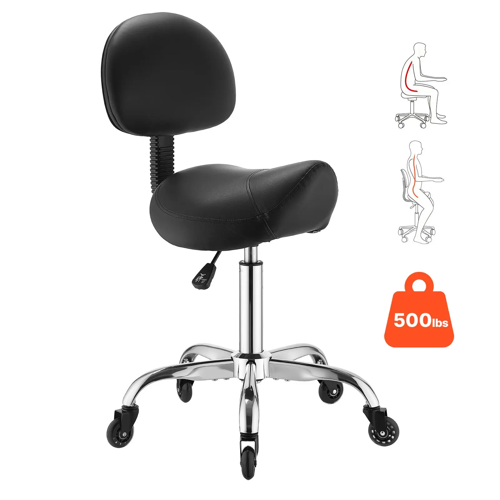 VEVOR Stable Saddle Stool with Back Support, 226.80 kg/500 lbs Capacity, 21.9-28.1 in Height Adjustable, Quiet Casters, Ergonomic Wipe Clean PU Leather Seat, 360° Swivel Rolling Chair for Salon, Medical (Black, 14.8 x 14.1 in), Spa