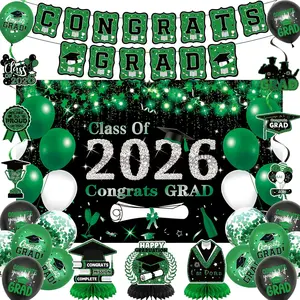Green Graduation Party Decorations, Green Class of 2026 Graduation Banner, 2026 Congrats Grad Honeycomb Hanging Swirl Confetti Balloon Congratulations Graduates Party Supplies(25PC)