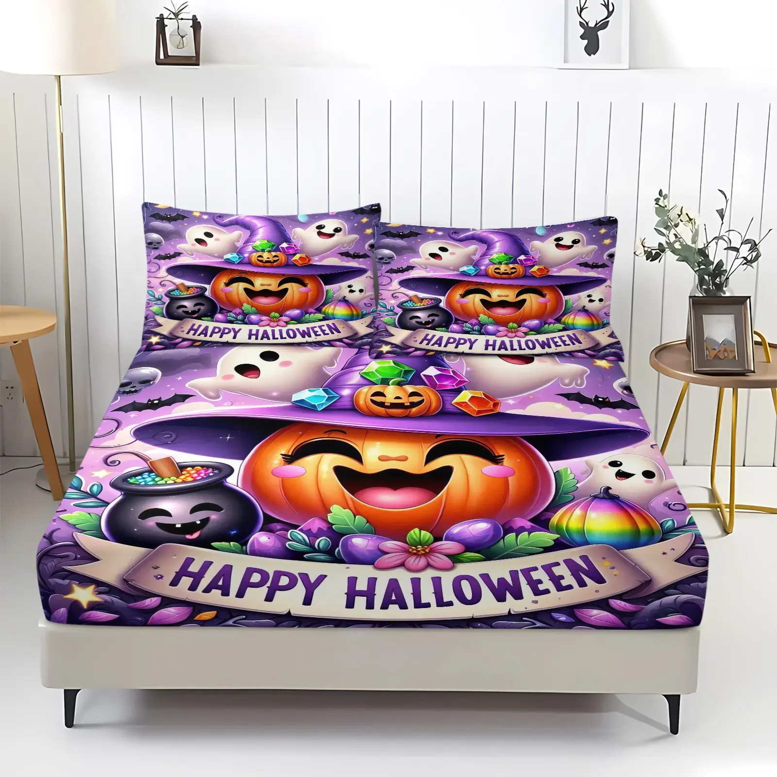 3pcs Happy Halloween Fitted Sheet Set,Cute Cartoon Pumpkin Ghost Magic Cauldron Print Bedding Set, Polyester Microfiber Bedding, Purple Background, Soft Microfiber Sheets,1 Fitted Sheet + 2 Pillowcases (Without Insert), Perfect For Halloween Bedroom Decor