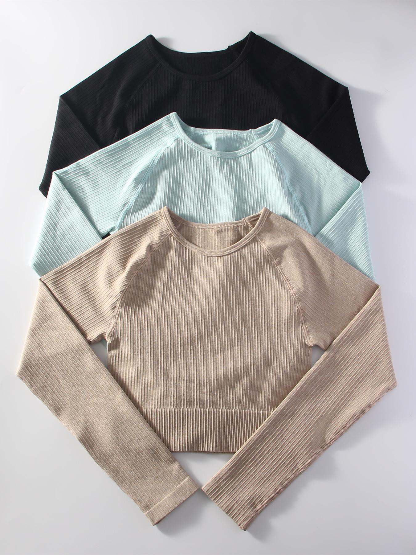 Plain Raglan Sleeve Crop Sports Tee, Casual Round Neck Long Sleeve T-Shirt for Gym Running Training, Women Sport & Outdoor Clothing for Fall & Winter