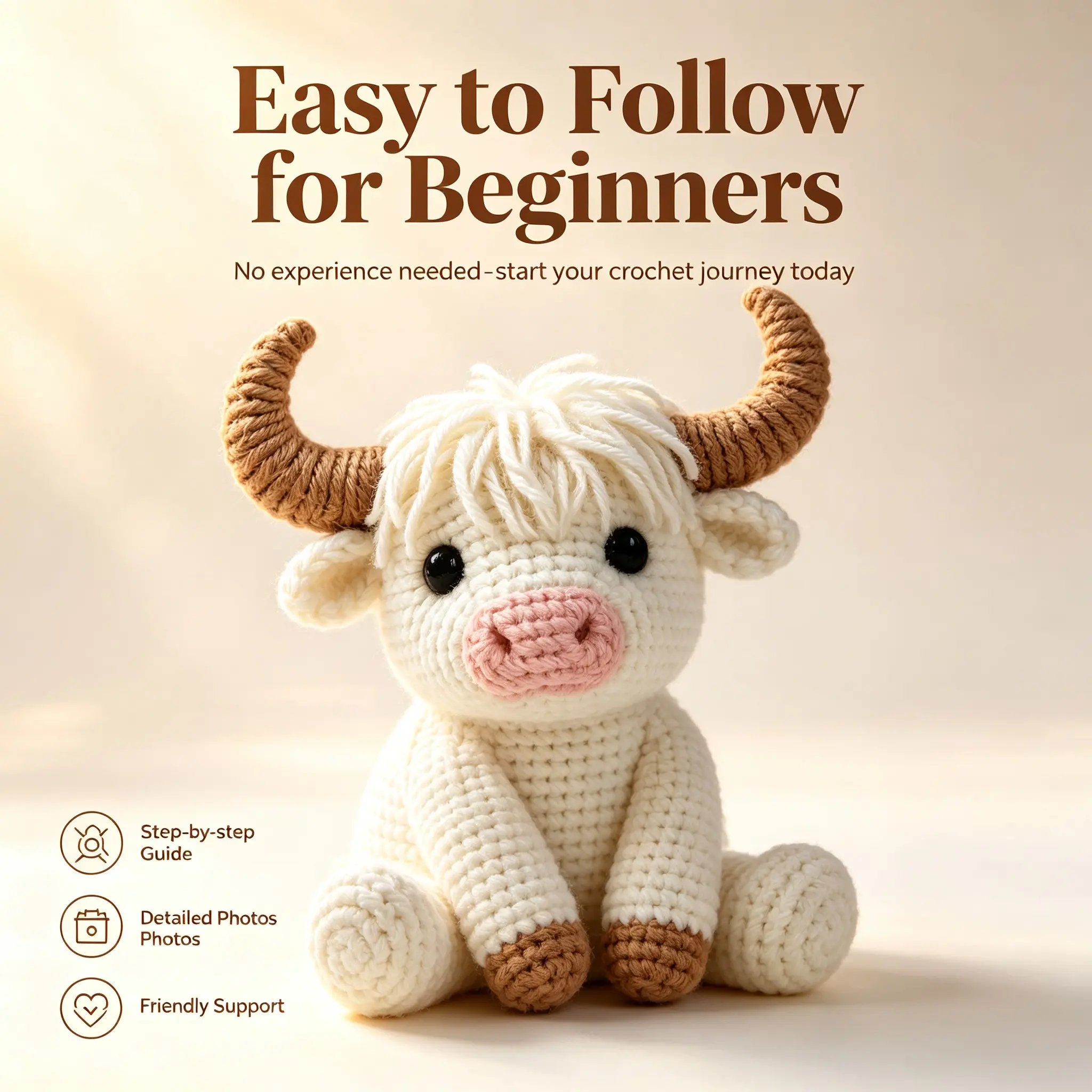 DIY Crochet Highland Cow Kit for Beginners, Step-By-Step Guide, Creative Knitting Set, Perfect Gift for Craft Lovers, Cute Crochet