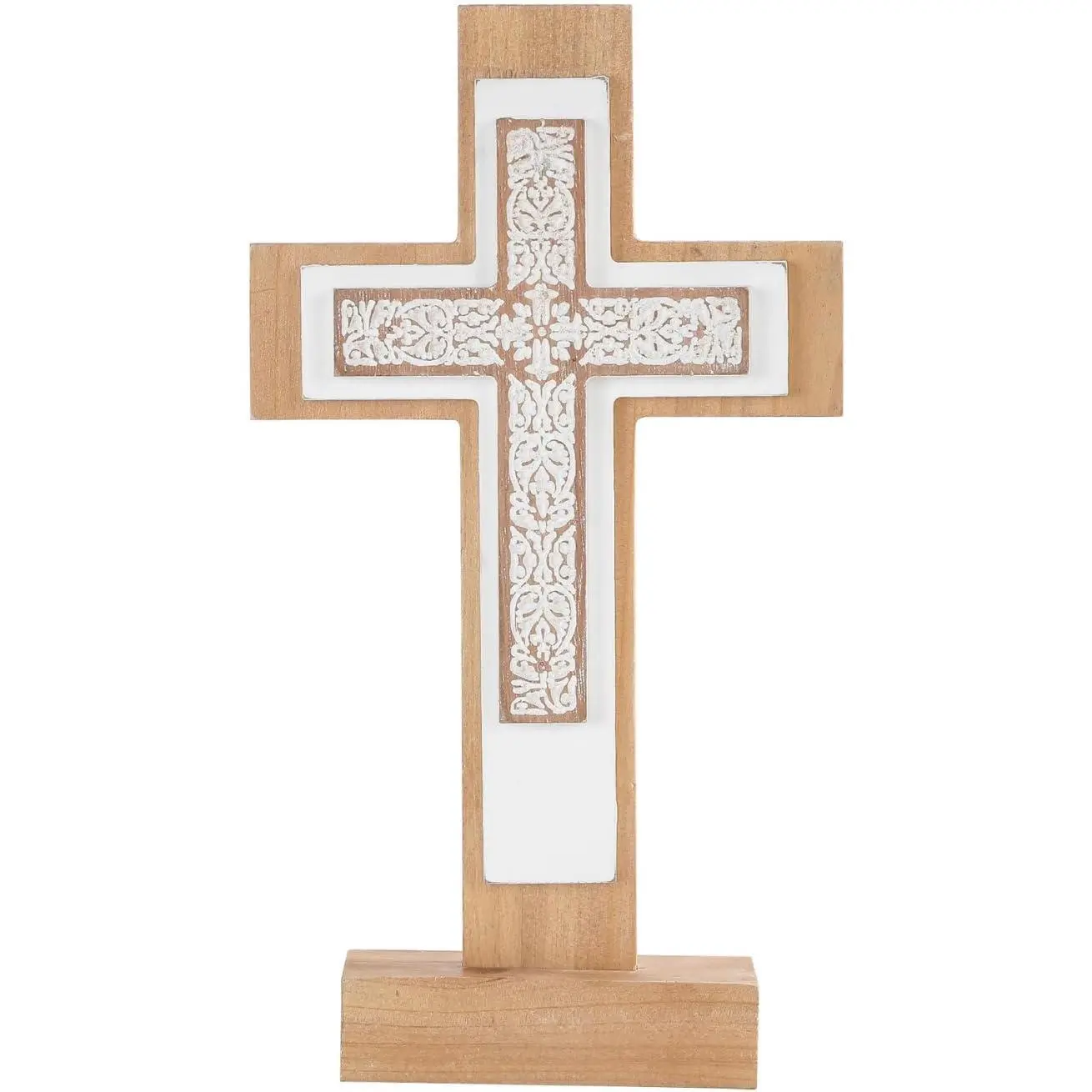 TRENDIN Wooden Standing Cross Decor for Table Desk, Rustic Stand Up Wood Cross Statue for Shelf, Decorative Catholic Christian Religious Home Decoration for Bedroom, Living Room