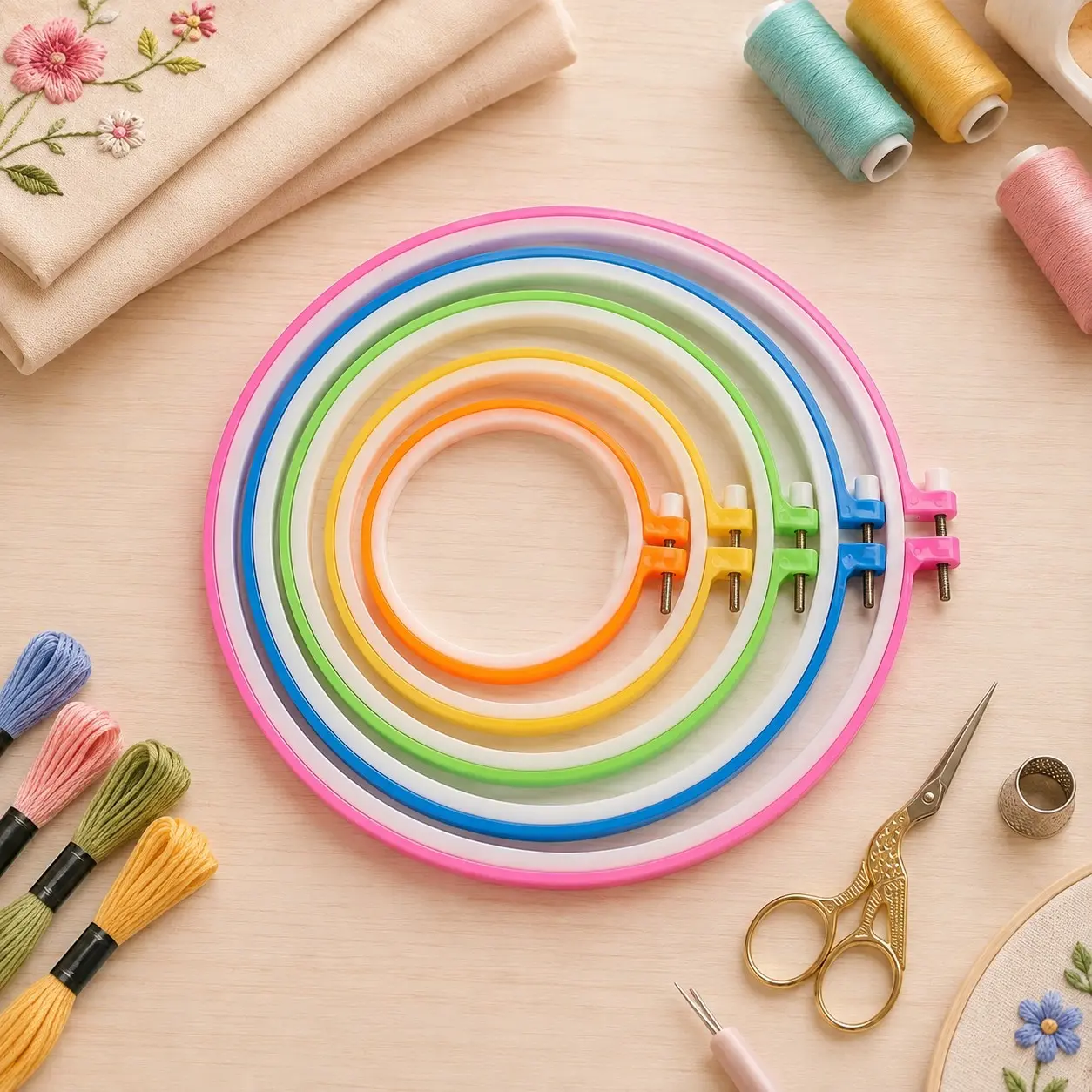 5Pcs Colorful Plastic Embroidery Hoop Set, Mixed Size Adjustable Embroidery Circle Frame, DIY Cross Stitch, Needlework & Sewing Craft Tools