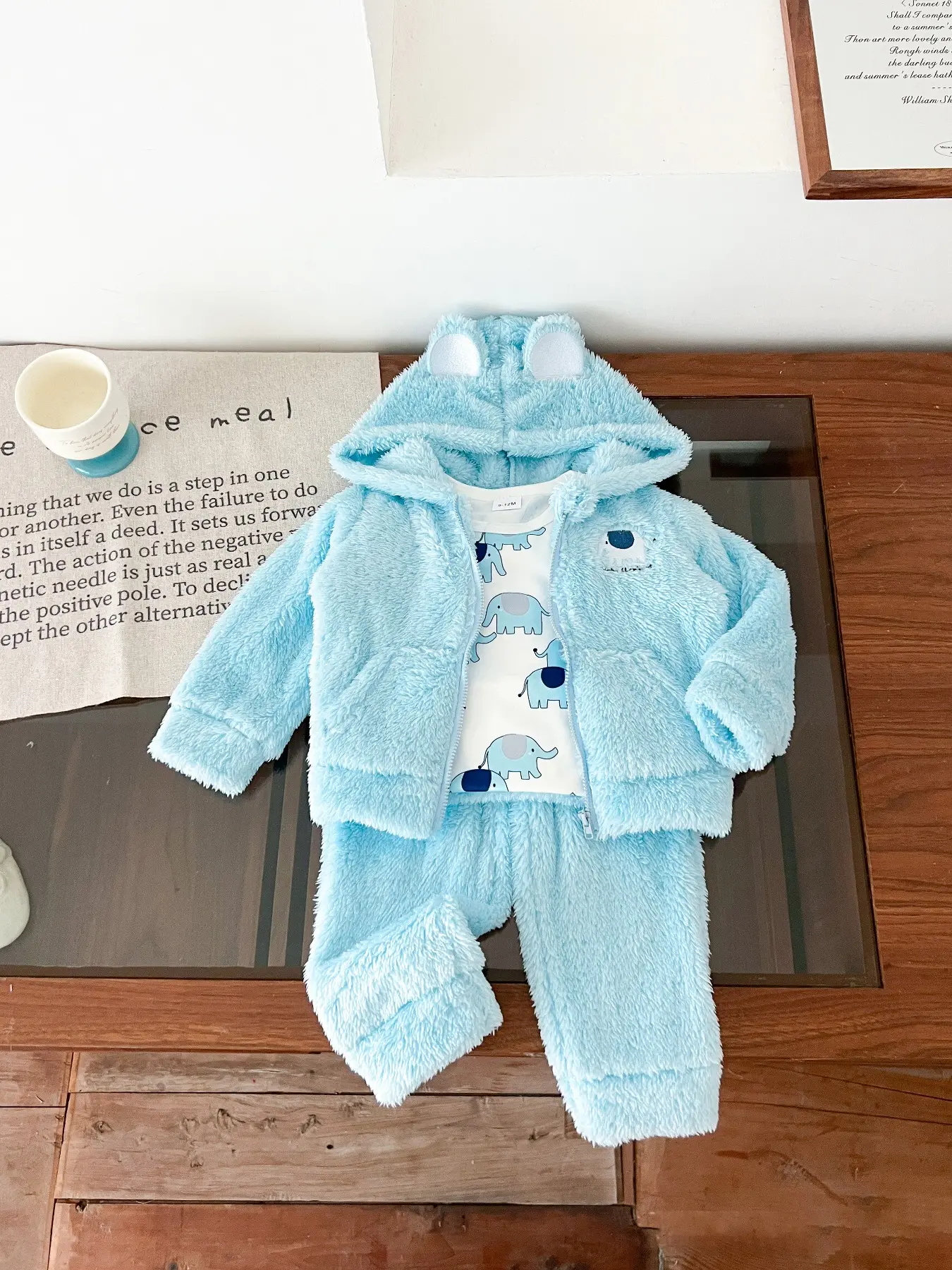 Cute Bear Ears Hooded Plush Coat, Cartoon Elephant Print Jumpsuit & Solid Color Pants Set, Fall Winter Kids Outdoor Wear Outfit Sets
