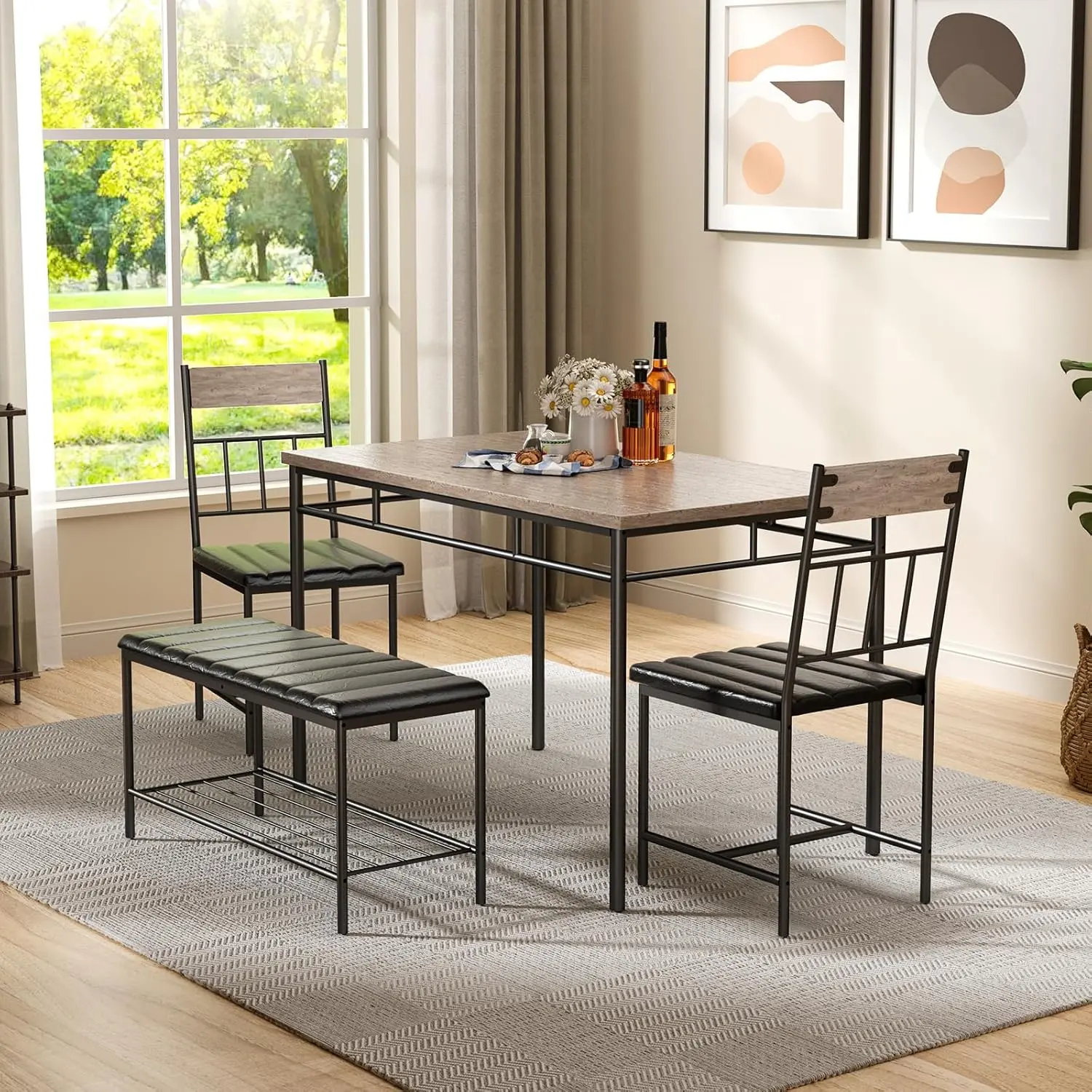 4 Pieces Dining Table Set for 4, Wood Kitchen Table with Upholstered Bench, Storage Racks and 2 Chairs, Modern Kitchen Breakfast Table, Ideal for Small Space, Apartment, Living Spaces, Teak Oak