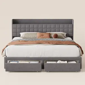 Sweetcrispy Heavy Duty Hybrid Upholstered-Metal Platform Bed Frame with Fabric Headboard - Queen/King Size, 2 Metal Storage Baskets, Easy Assembly, Contemporary Home Decor, Indoor Apartment Furniture
