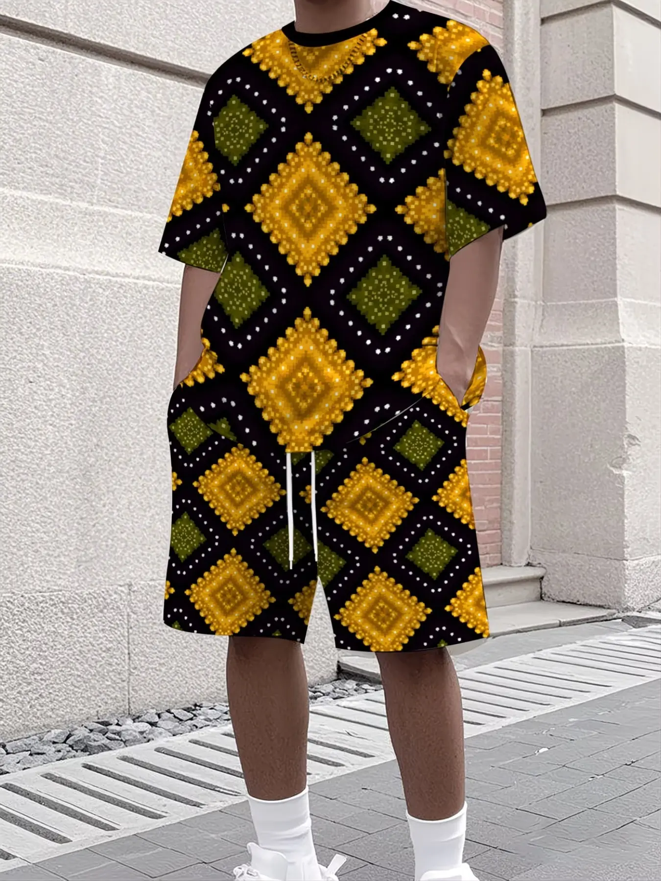 Men's 3D Short Sleeve Tee + Shorts Set, Trendy Geometric Pattern, Casual Slim-Fit, Summer Fashion Two-Piece, All-Over Print