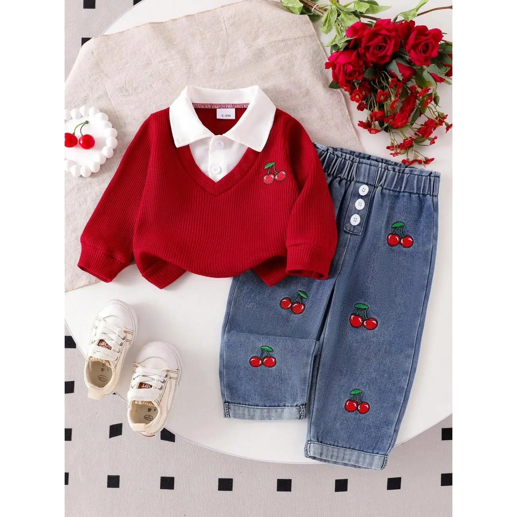Newborn Girls' Fashion Casual 2-Piece Set, Cherry Embroidery Long Sleeve Top, Mid-Waist Button Denim Jeans, Stylish Baby Outfits