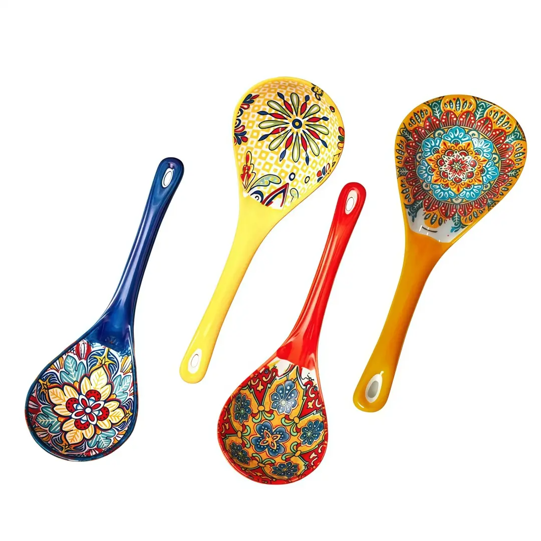 Bohemian Ceramic Soup Spoon Set, Large Household Serving Spoons, Ramen Soup Spoons, Microwave and Oven Safe, 4pcs