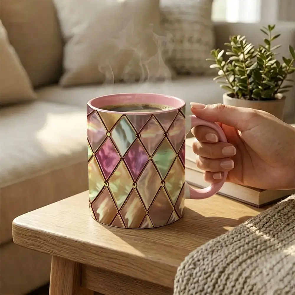 Mother of Pearl Diamond Pattern Pink Mug, 11oz, lridescent Luminous Luxury Coffee Cup, Elegant GlossyTextured Tea Mug, Shiny Sparkling Aesthetic Drinkware, Stylish Home TablewarePractical Office Drinking Cup, Ceramic Coffee Mug, Gift For Friends