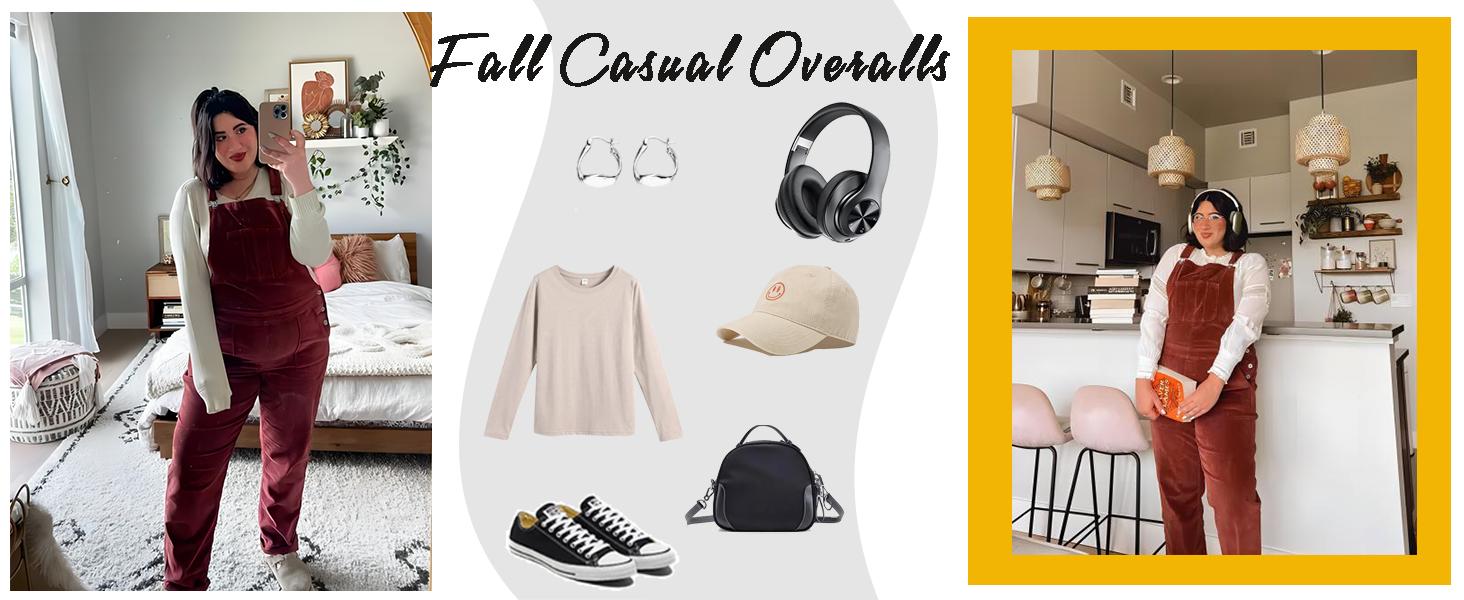 Women's Corduroy Overalls With Adjustable Straps, Baggy Bib Jumpsuit, Casual With Pockets