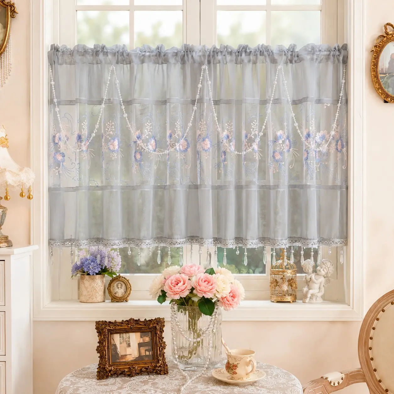 Floral Embroidered Short Curtains, European Country Style Sheer Curtain, Kitchen Small Window Half Curtain, Coffee Curtain with Bead Decor, Home Decorative Curtain