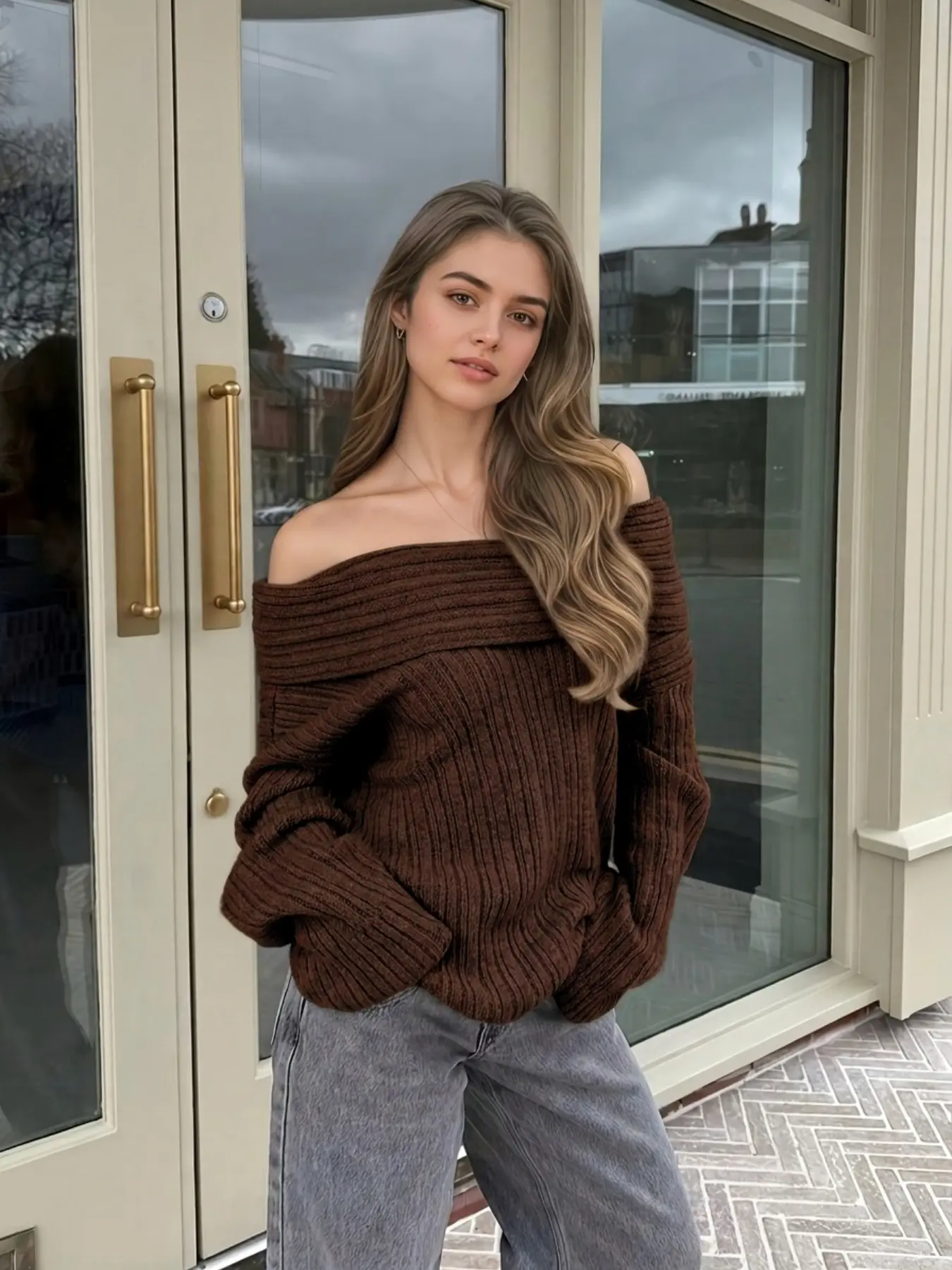 1PC Women's Off The Shoulder Ribbed Knit Sweater, Fold Over Slash Neck Loose Long Sleeve Pullover, Chocolate Brown Soft Knit Top for Fall Daily Streetwear
