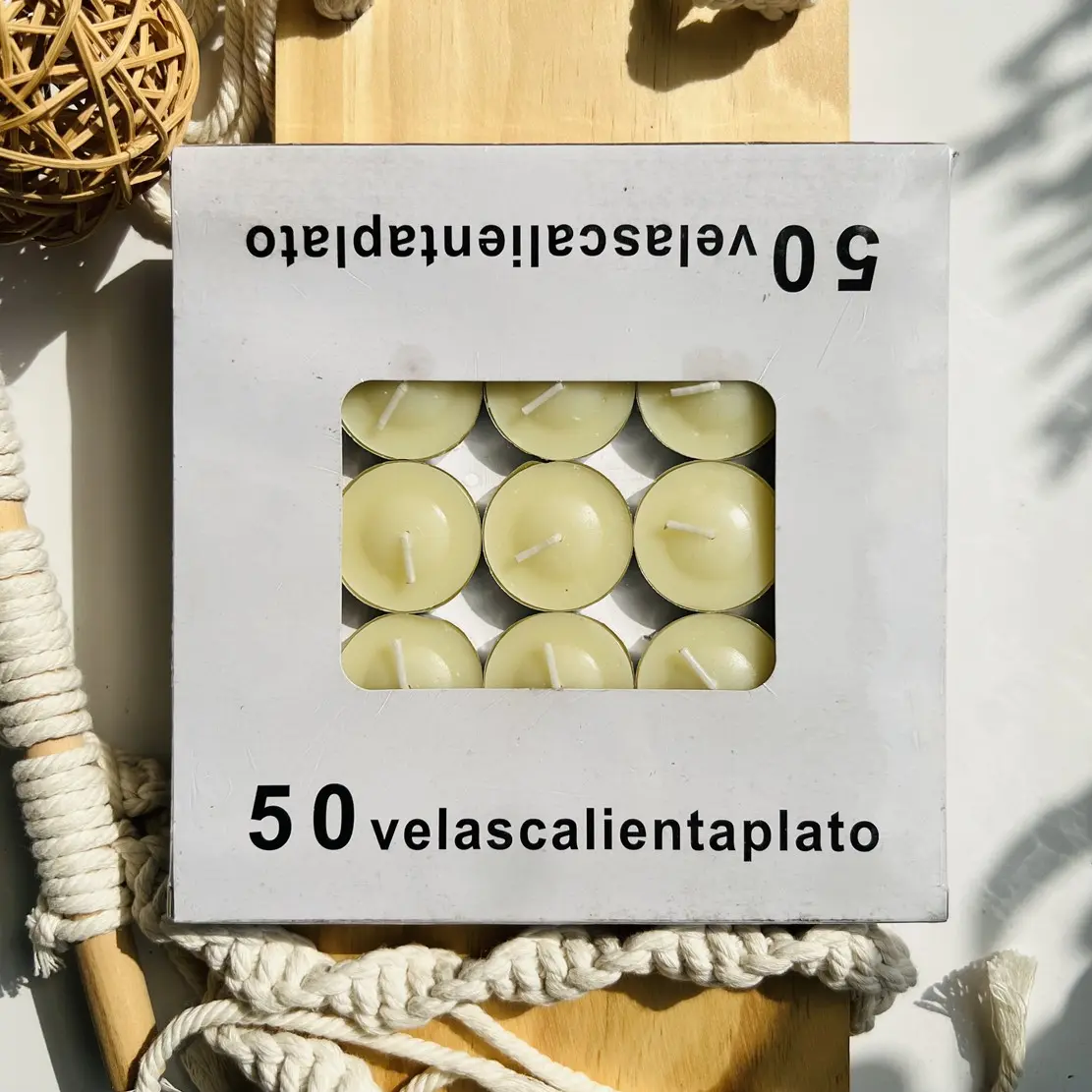 50 Tea Candles Box, Hemp Scent, 0.35 Inch, 1 Hour Burn Time, No Drip, Paraffin Wax, Home Decor, Pool, Wedding, Emergency Use