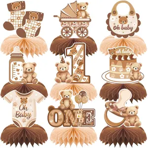 9pcs Teddy Bear Honeycomb Centerpieces, Neutral Bear 1st Birthday Table Decor, Oh Baby Themed Party Supplies for Baby Shower