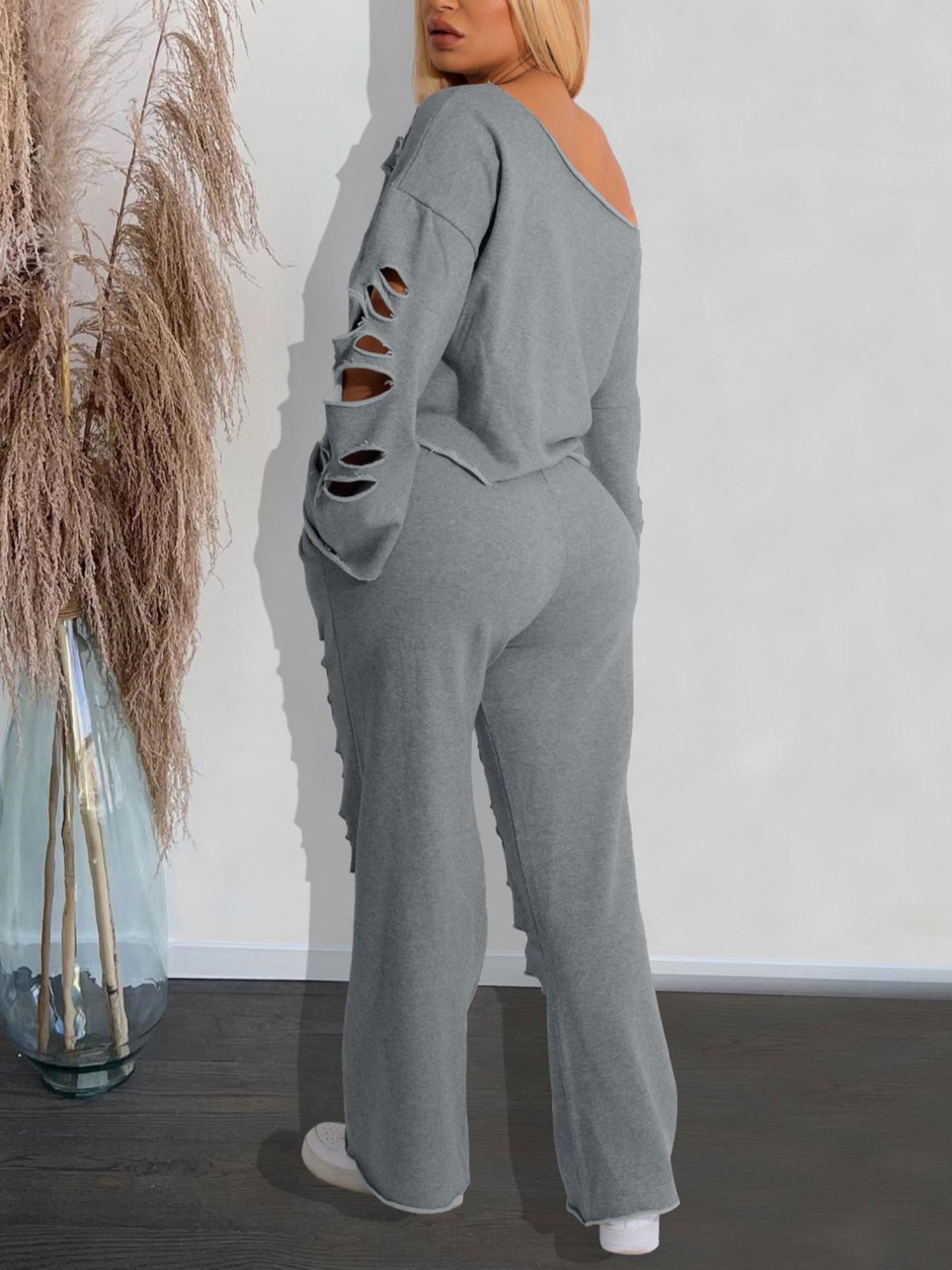 Women's Ripped Asymmetrical Neck Jersey Pullover & Wide Leg Pants Set, Solid Drop Shoulder Top & Ripped Trousers Set, Fashion Cozy Outfits for Daily Wear, Co-ord Sets for Women, Sweatsuit Set Outfit, Clothes