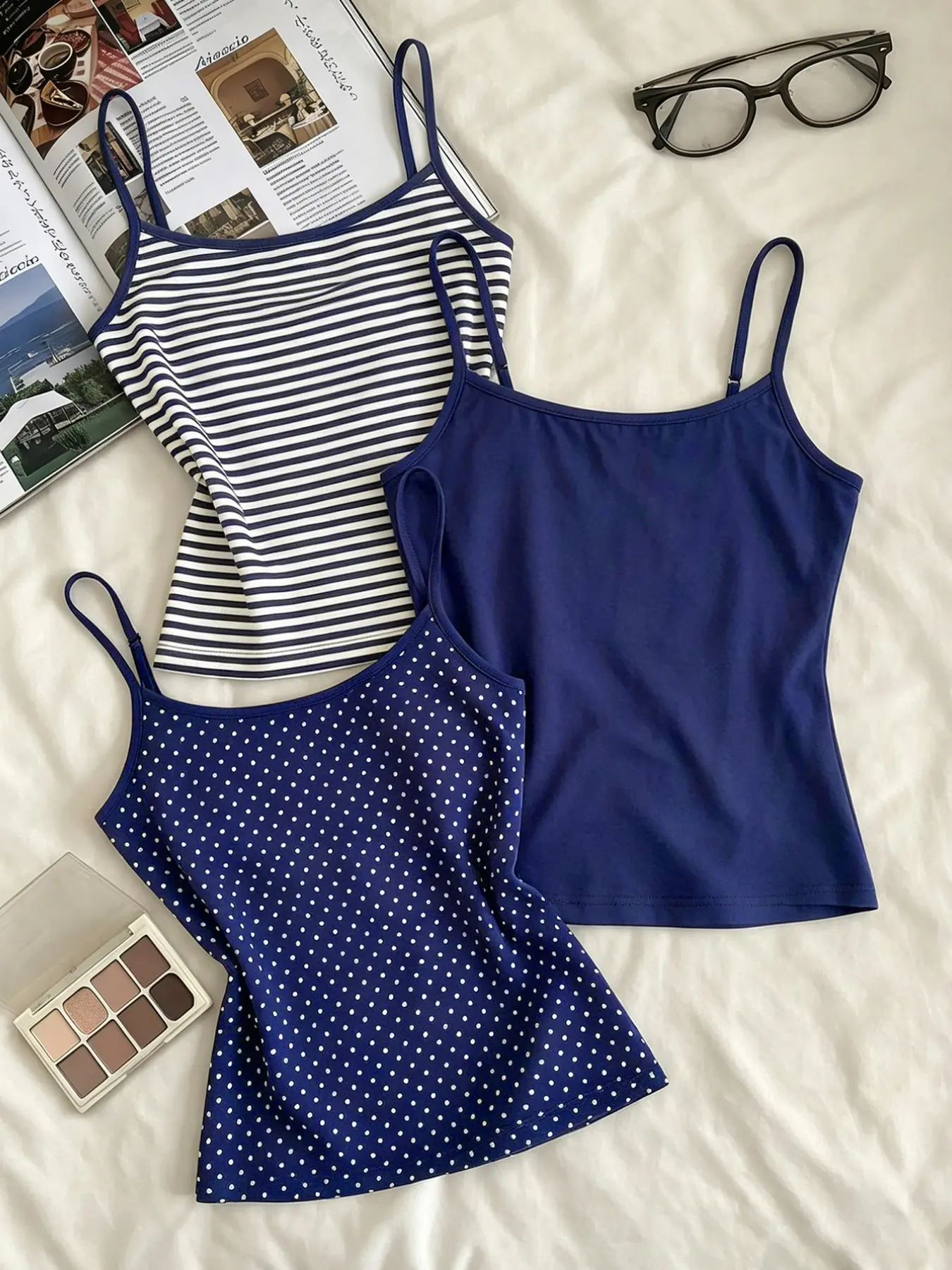 Women's Slim Fit Tank Tops Set, Sleeveless, Adjustable Straps, Spaghetti Strap, Polka Dot & Stripe Patterns, Versatile Four-Season Wear, Daily & Workout Use, 3-Pack