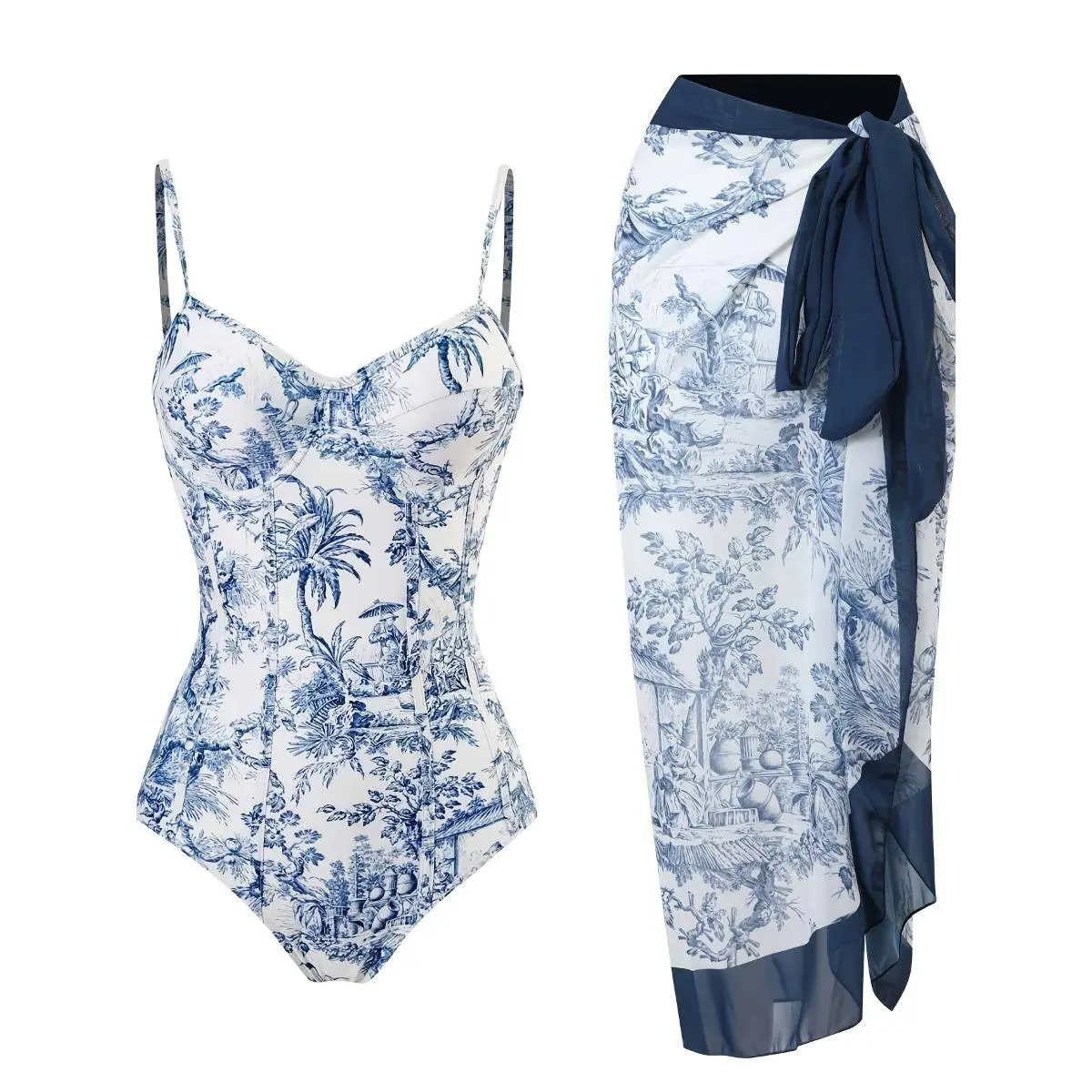 Women's 2026 New 2-Piece Beachwear Bikini Set - Push Up, Floral Printed, Ruffled, Strappy Bandage, Brazilian Cut, Sweetheart Neck Corset with Matching Chiffon Sarong Cover-Up for Summer Beach Use
