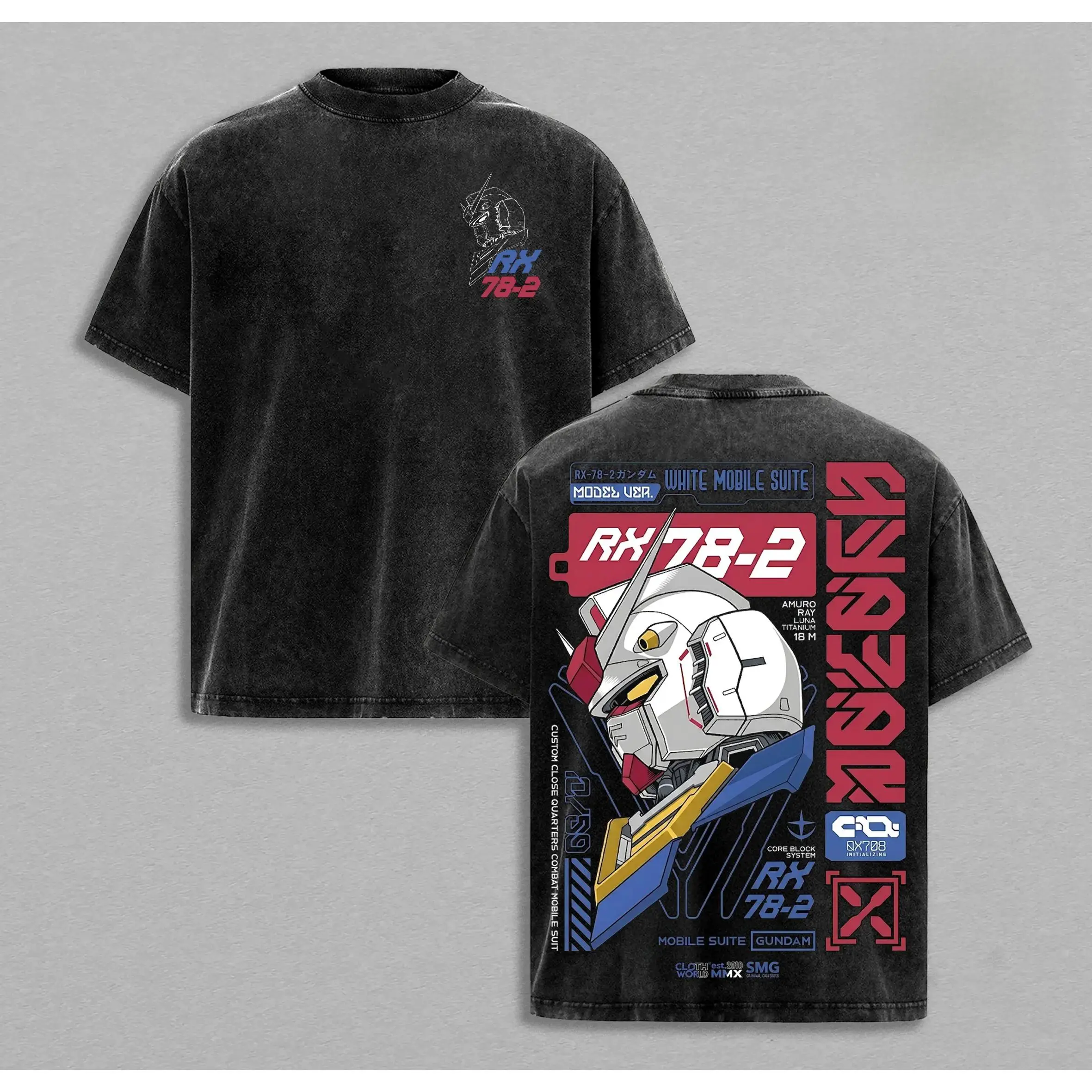 Men's Retro Faded Stone Wash Cotton Stretch Short-Sleeve Crewneck Top - Detailed RX78-2 Gundam Mecha Helmet Artwork, Vertical Anime Lettering, Dual-Sided Mobile Suit Print, Dark Casual Layering Staple for Mecha Anime Lovers, Shortsleeve, Soft