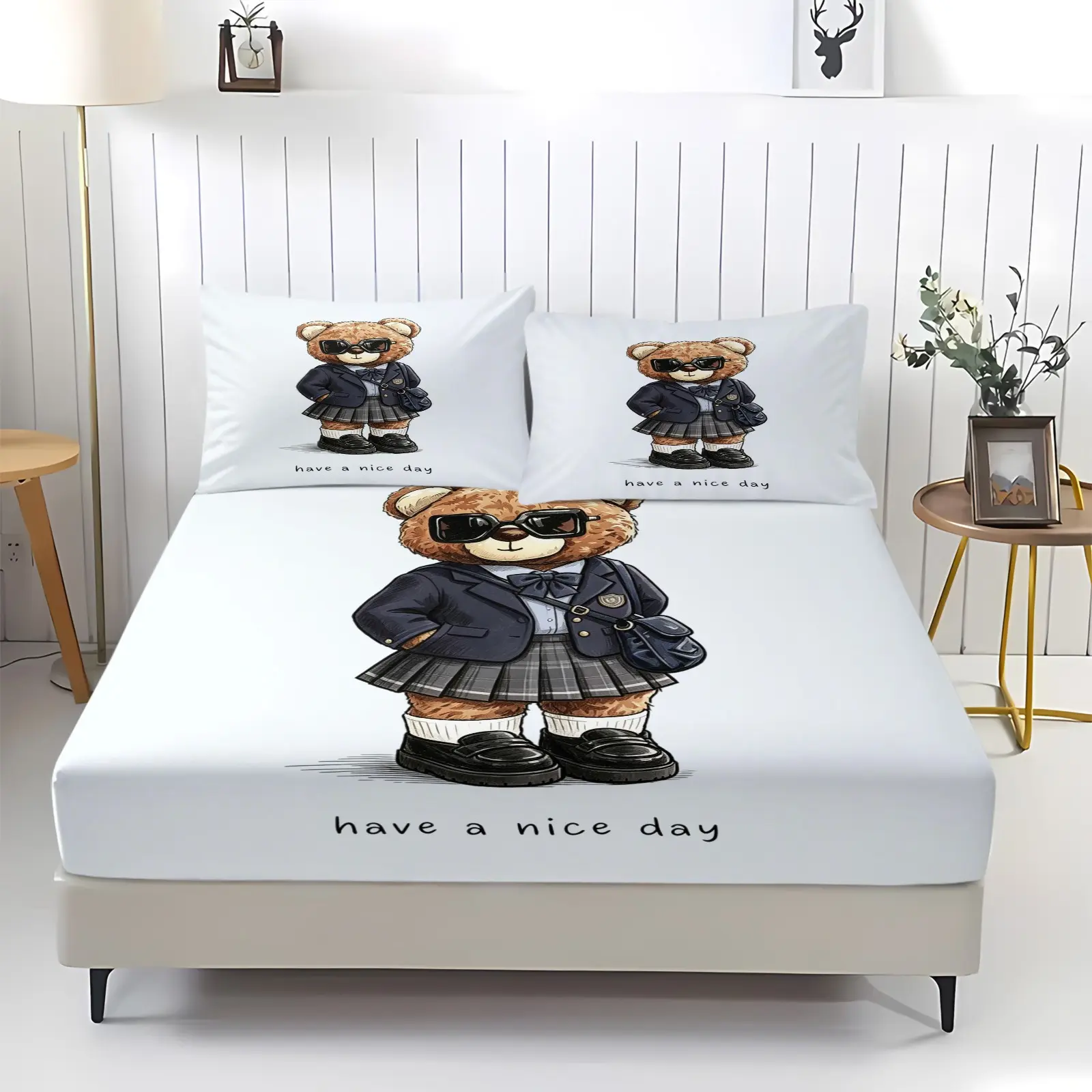 Teddy bear printed pattern bed sheet, including 1 bed sheet and 2 pillowcases, anti slip dust cover suitable for bedrooms and guest rooms, suitable for personal use or gift giving