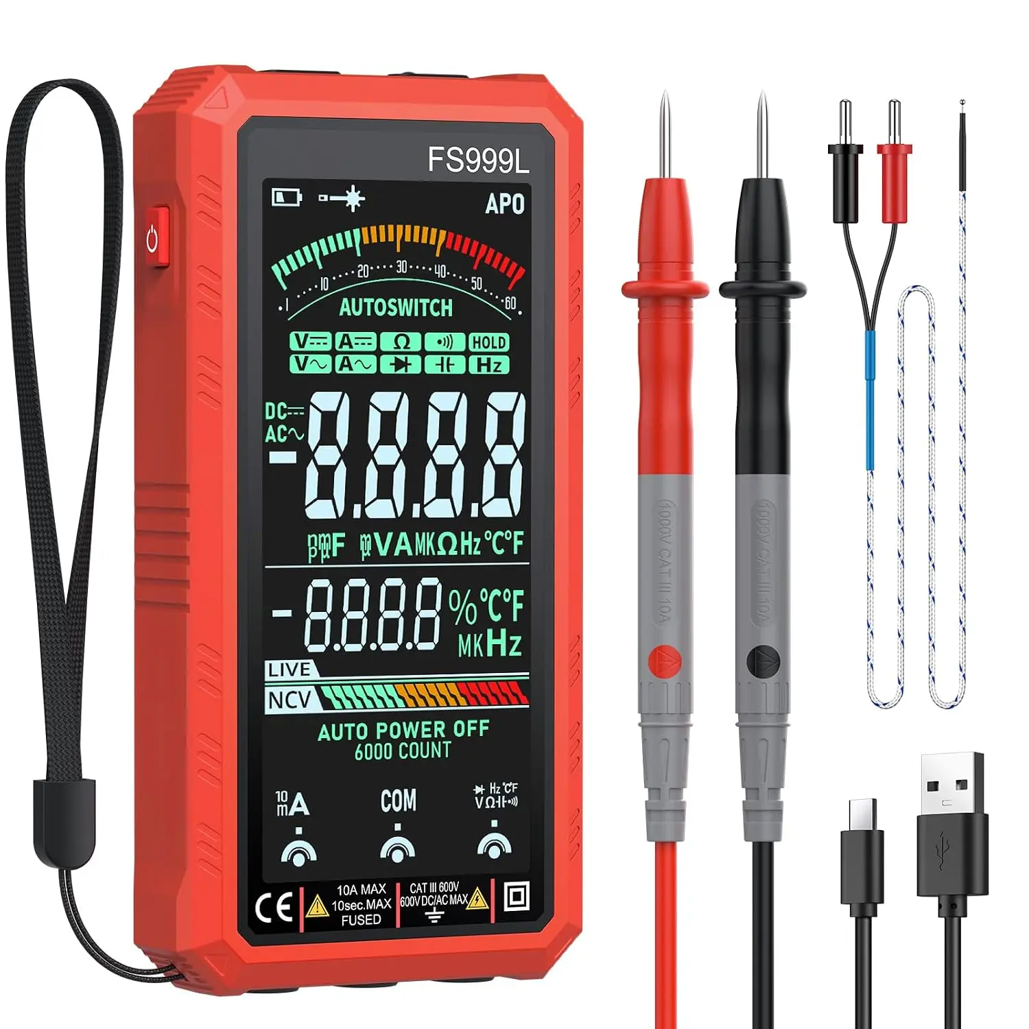 Digital TRMS Multimeter, 6000 Counts, 5" Color Screen, USB-C Rechargeable, Handheld Grip, Test Probes