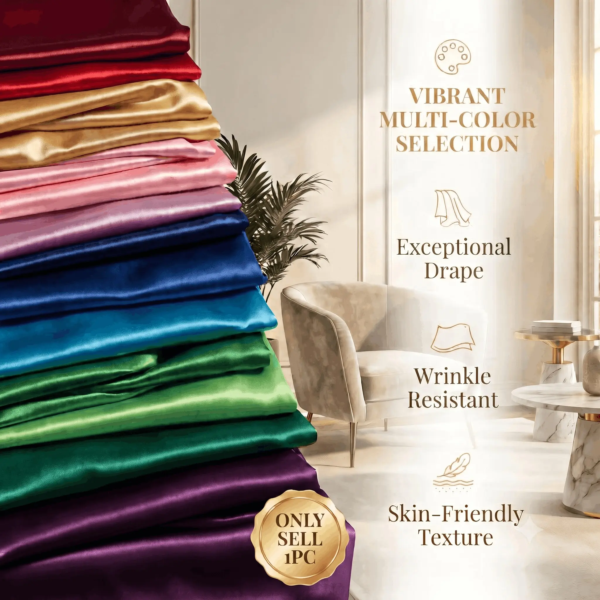 1PC 100x150cm Premium Silky Satin Fabric, Soft Material, Exquisite Luster, Luster Textile Exceptional Drape Wrinkle Resistant Luxurious Feel Creative Possibilities for Wedding Lining, Dresses & DIY Crafts | Rich Colors: Gold, Emerald, Wine | 39x59 Inches