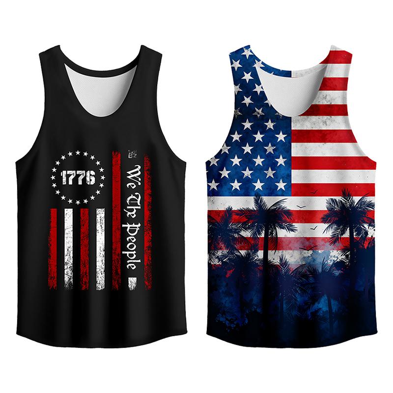 Y2K 2 Pack USA Flag Graphic Tees, Menswear Tank Top Slim Fit Apparel, Big and Tall Gym Workout Running Tee, Comfy Casual Sleeveless