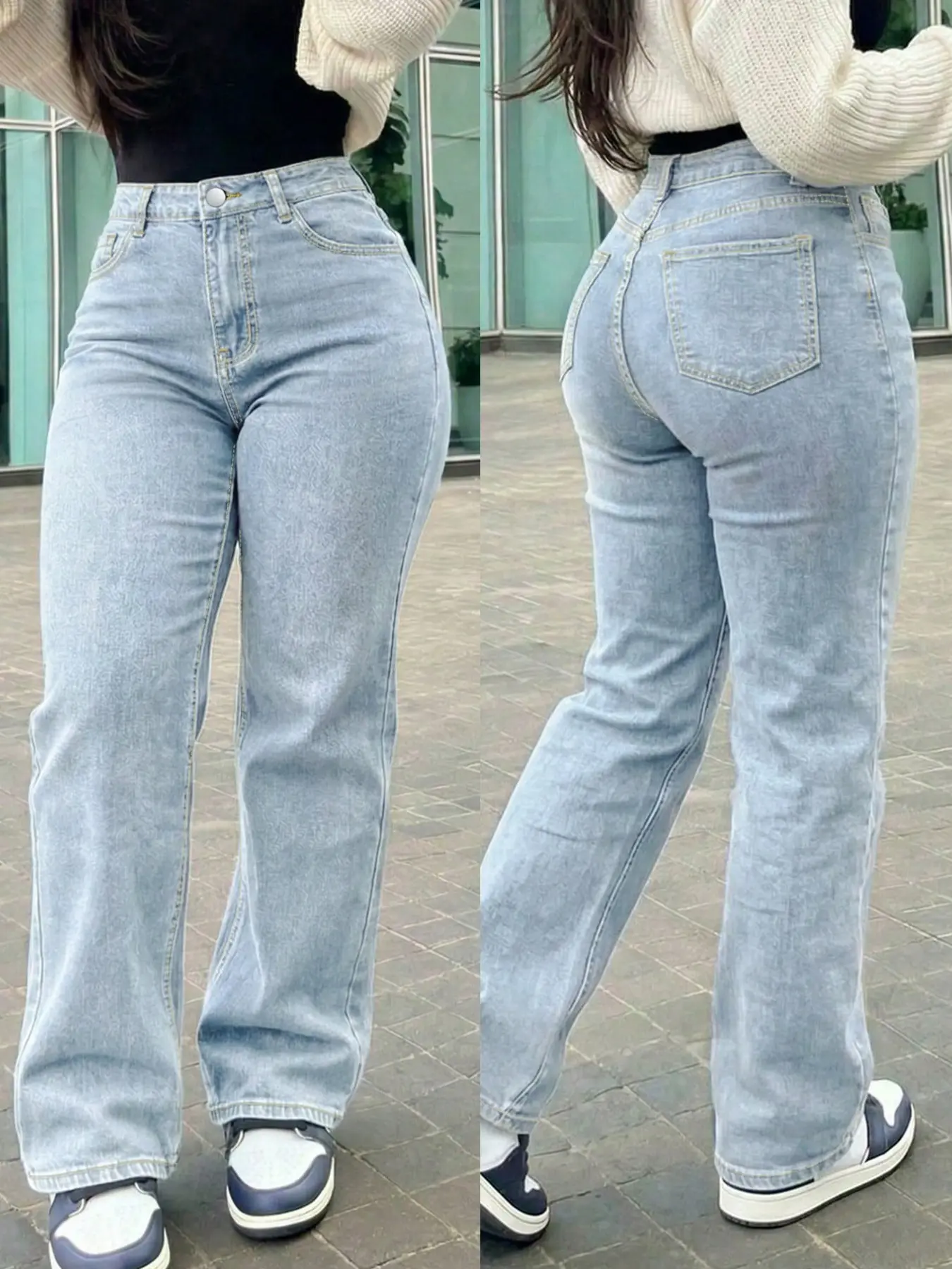 Women's Washed Mid-Rise Straight-Leg Jeans, Stretchy Denim Pants for Commuting and Daily Wear