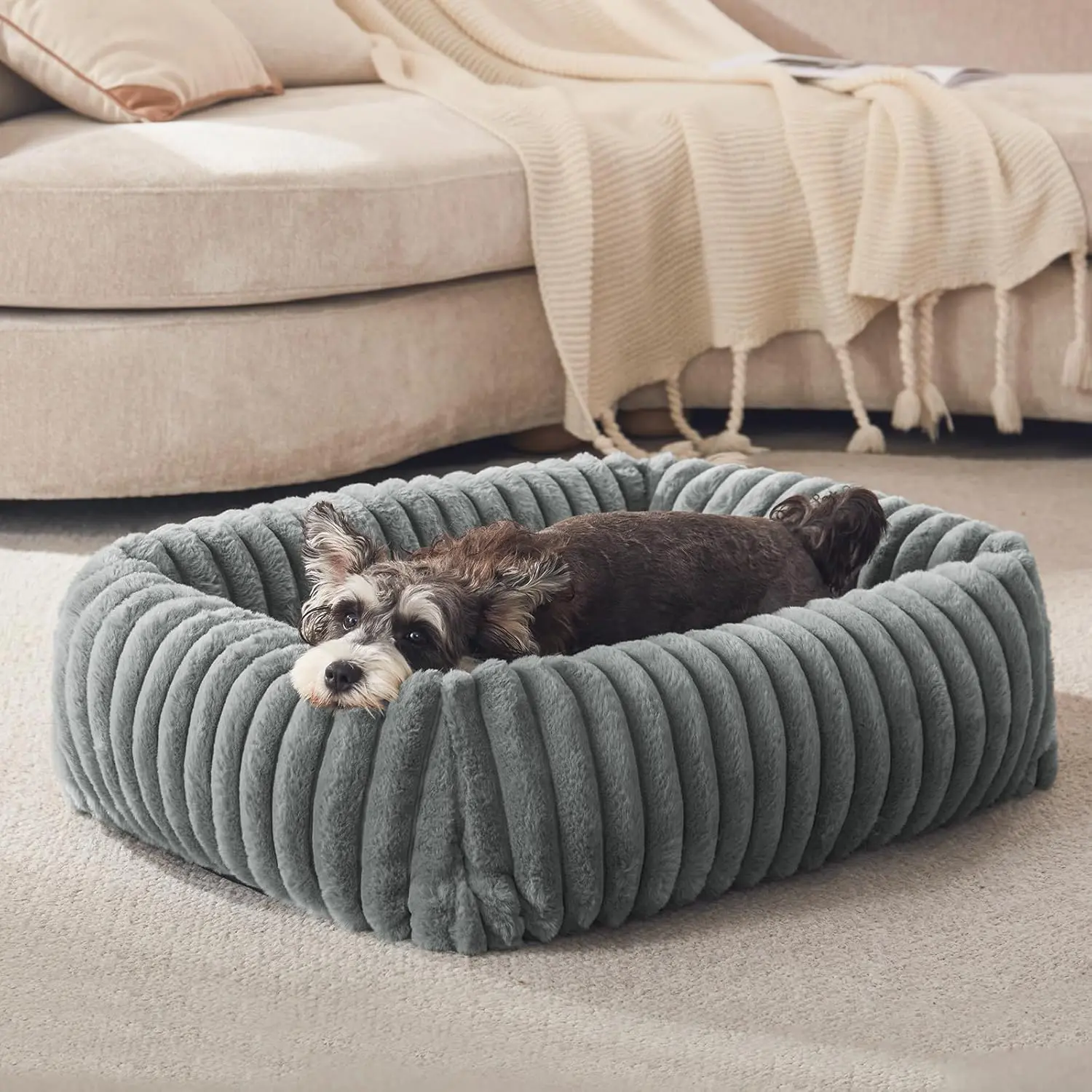 Dog Bed for Small Dogs, Washable Orthopedic Dog Cat Bed with Removable Cover, Rectangle Soft Calming Sleeping Puppy Bed Durable Pet Cuddler with Anti-Slip Bottom, Grey, S (20"x19"x6")
