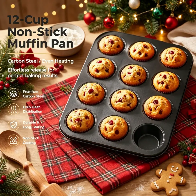 12 Cup Non Stick Muffin Tin Heavy Duty Carbon Steel Even Heat Transfer Durable Easy Release Cupcake Baking Tray For Oven Use
