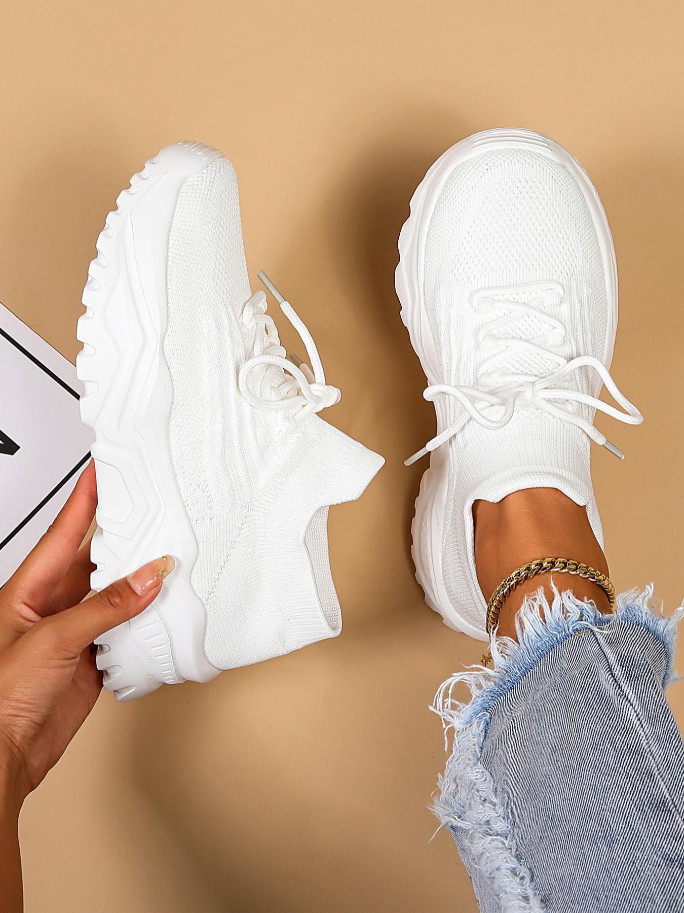 Women's Fashion Sportive Plain Color Lace Up Sneakers, Casual Comfortable Sports Low Top, Trendy Mesh Breathable Shoes for Daily Life, Breathable Walking Sneakers, Thick Sole Sneakers