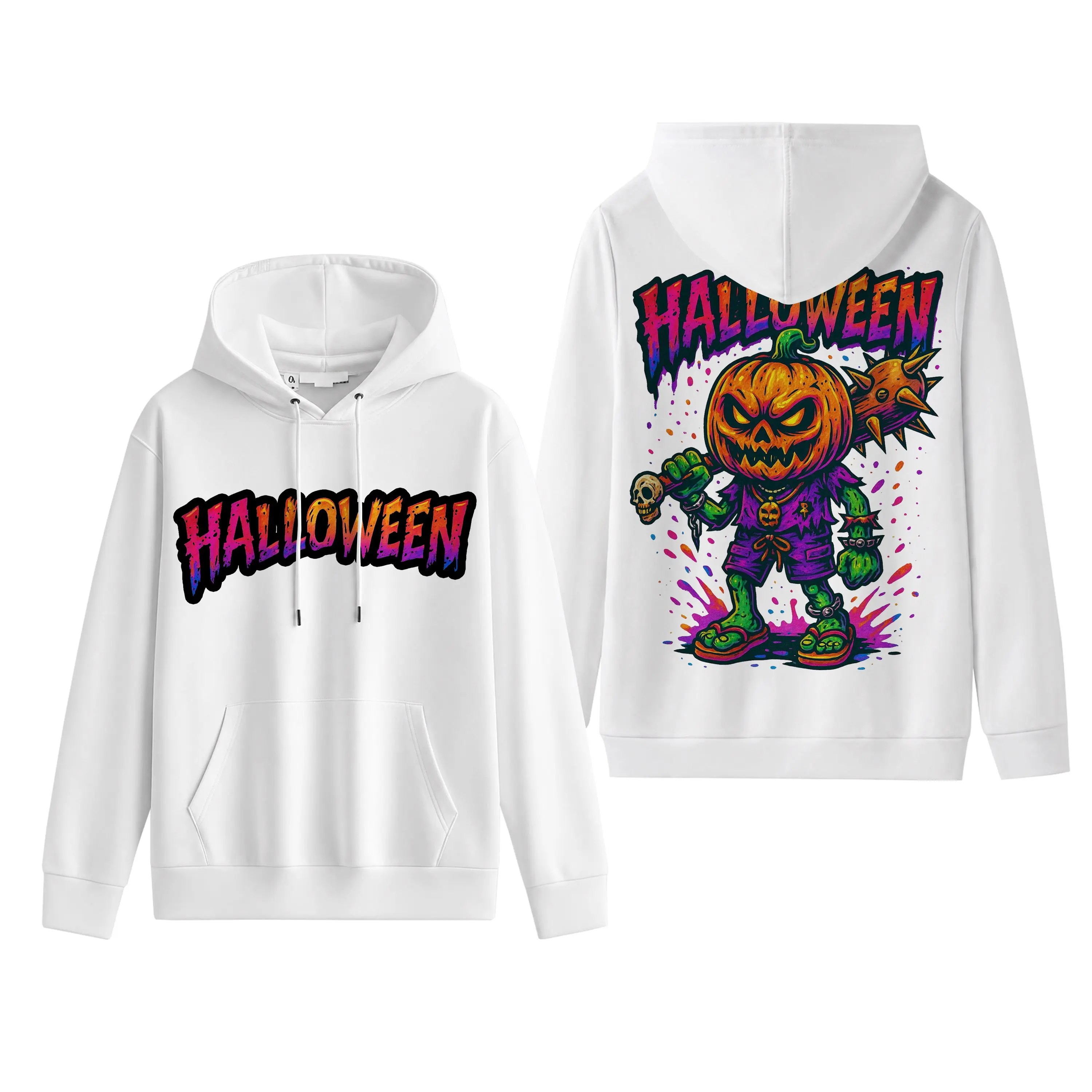 Pumpkin Zombie Halloween Hoodie, White Pullover with Colorful Monster Back Print, Neon Graffiti Graphic Sweatshirt for Parties and Streetwear Outfits