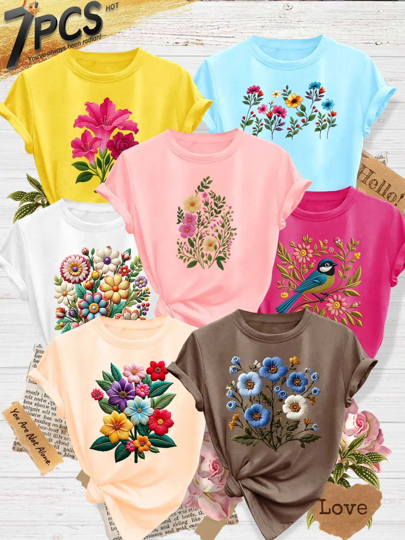 7Pcs Women Crew Tee, Round Neck, Casual, Blue Bird Colorful Daisy Floral Print, multi-color, washable, soft spring summer top
