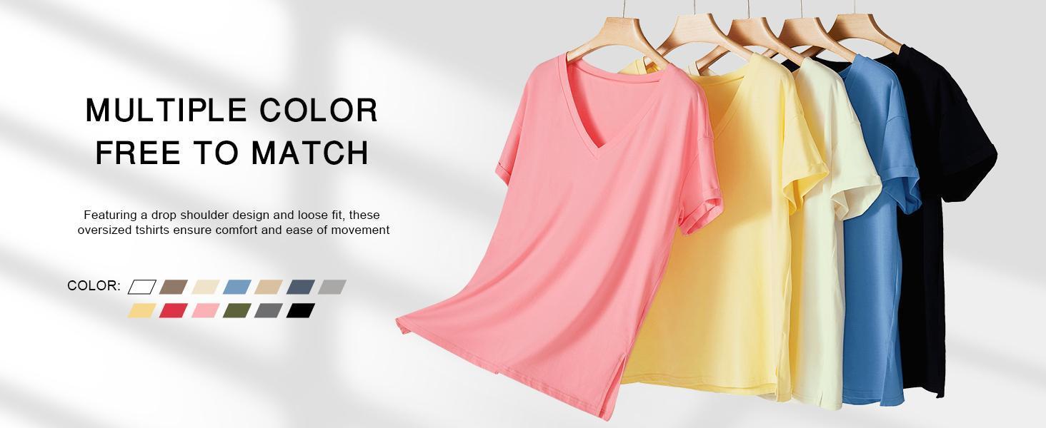 Imily Bela Womens Oversized Tshirts V Neck Short Sleeve Tops Summer Casual Loose Fit Tunic Tee Shirts