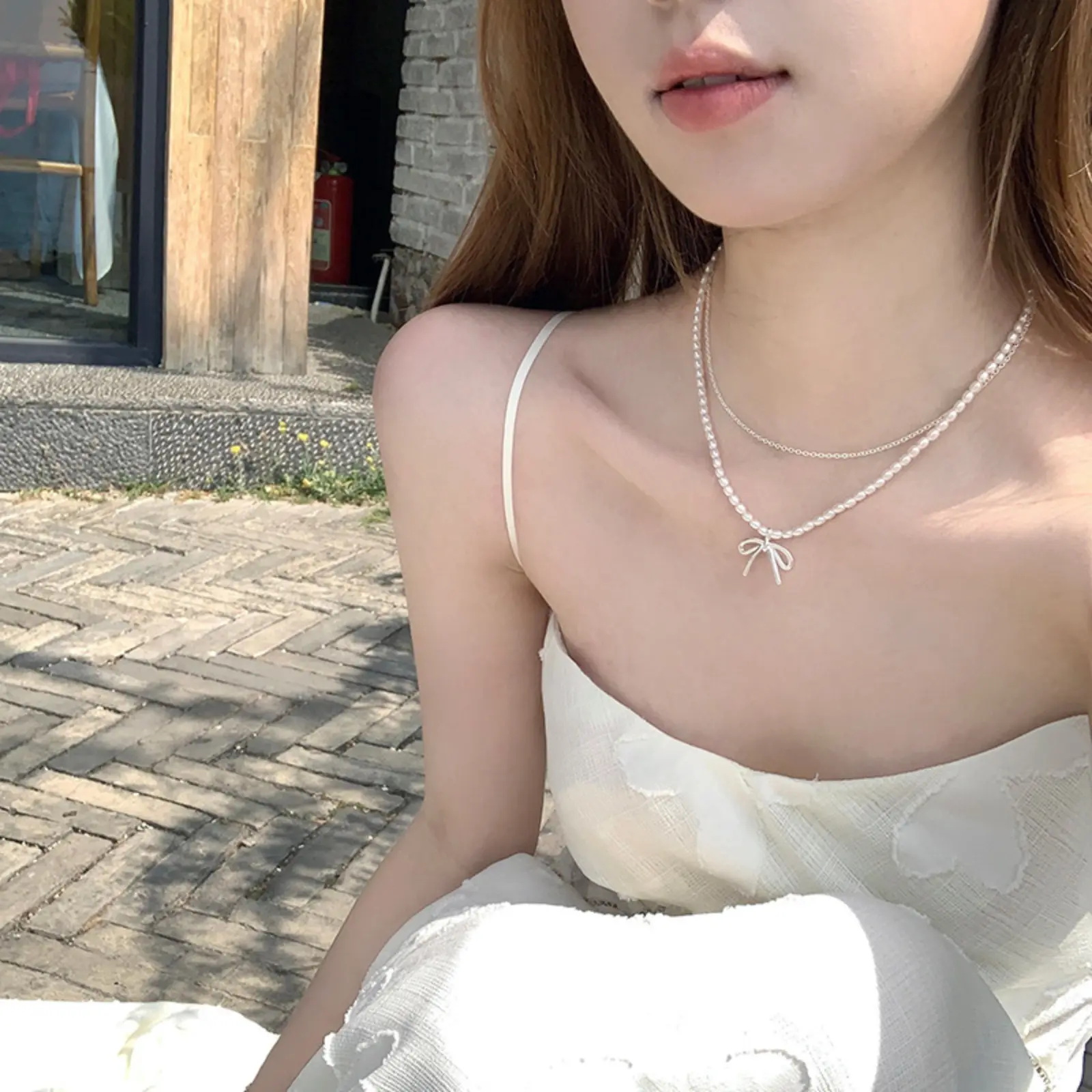Women Double Layer Bow Pearl Choker Necklace, Viral Silver Bow Pendant Tiny Rice Pearl Stackable Necklace, Dainty Two Layer Sweet Ribbon Charm Neck Jewelry, Lobster Clasp Minimalist Layering Accessory, Waterproof Polished Elegant Girl Neck Chain, Dating H