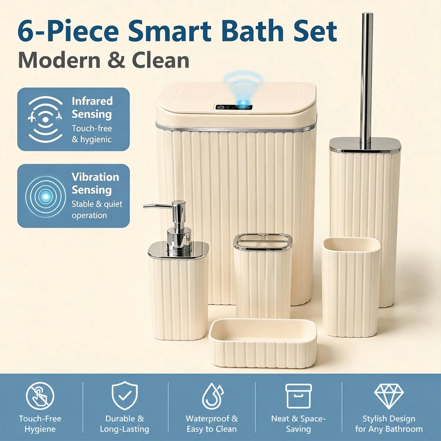 6-Piece Smart Sensor Bathroom Accessories Set, Vertical Stripe Design, Touch-Free Automatic Bathroom Trash Can, Ideal for Home, Apartment, Hotel, Bathroom Accessory Sets