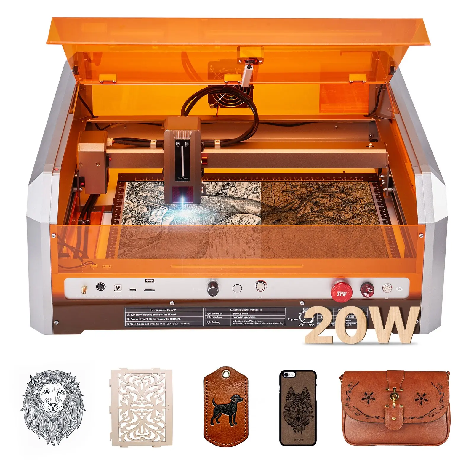 VEVOR Laser Engraver, 20W, Laser Engraving and Cutting Machine with Enclosure Camera, Laser Cutter, 15.7x 15.7 in Working Area, 30000 mm/min, for Wood, Leather, Glass, Paper, Certain Metal, Class 1