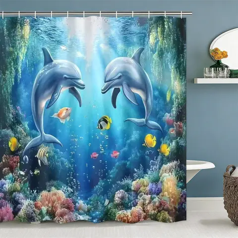 Dolphin Pattern Bathroom Decorations, 1 Set Including & Toilet U-shape Mat & Bath Mat & Toilet Lid Cover, Bathroom Accessories for Home Decor, Shower Curtain Sets, Bathroom Decor And Accessories